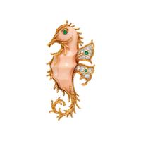 TIFFANY & CO., CORAL, DIAMOND AND EMERALD SEAHORSE BROOCH
