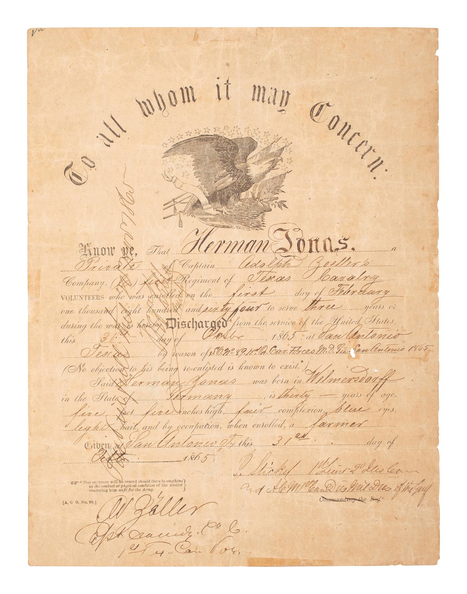 [CIVIL WAR]. Collection identified to Herman Jonas, Company C, 1st Texas Cavalry US, incl. weaponry, photograph, and documentation.