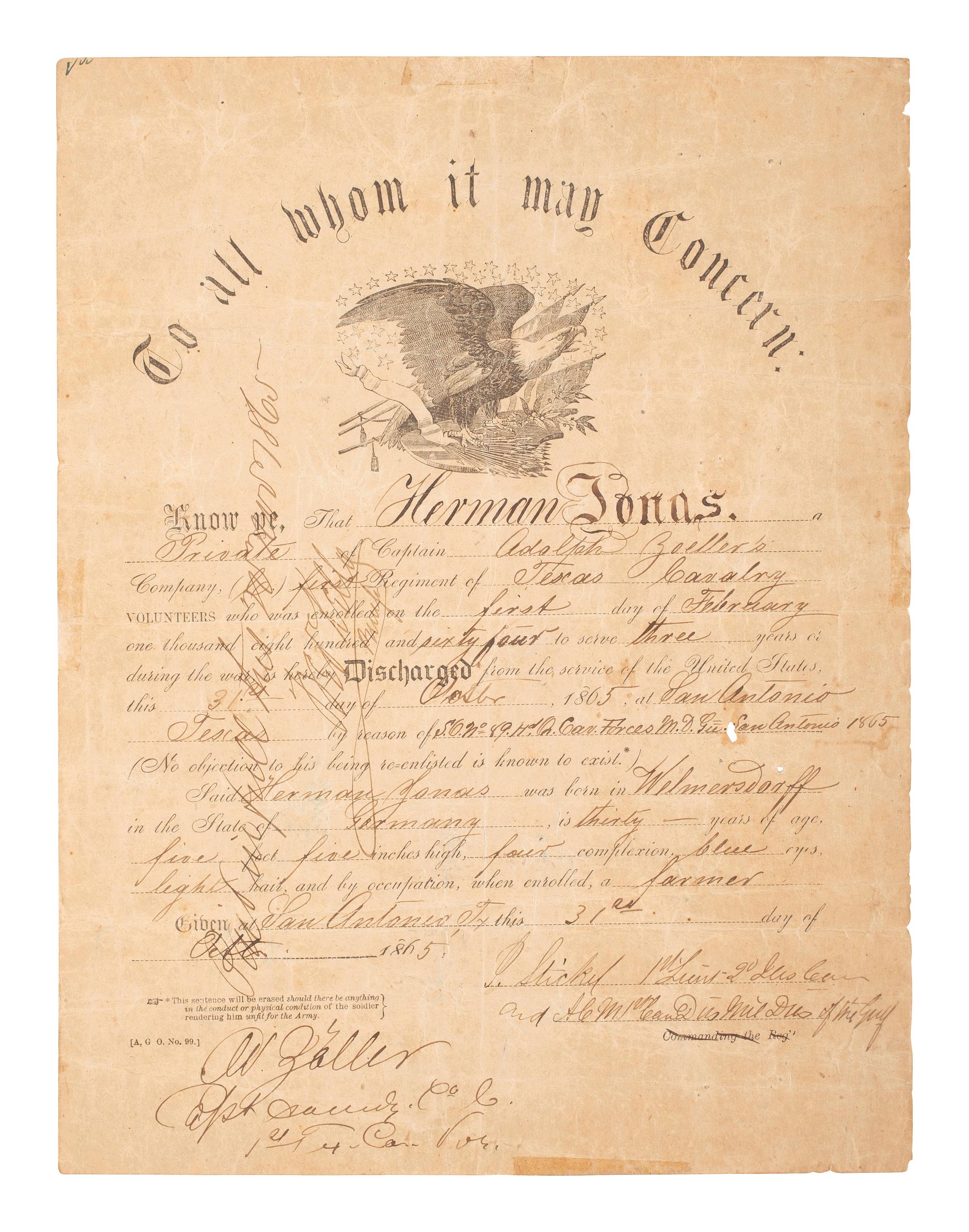 [CIVIL WAR]. Collection identified to Herman Jonas, Company C, 1st Texas Cavalry US, incl. weaponry, photograph, and documentation.