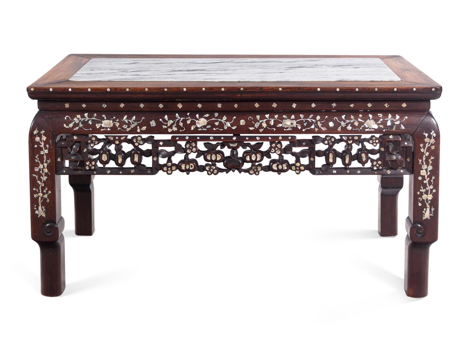 A Set of Marble Inset Mother-of-Pearl Inlaid Hardwood Armchair and Side Table