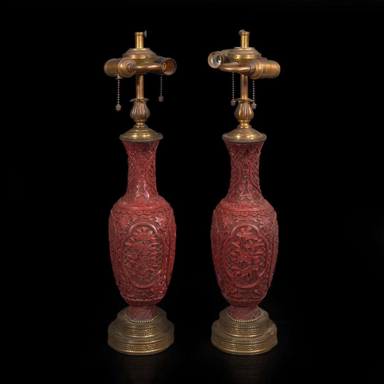 A pair of Chinese carved cinnabar lacquer vases 朱漆花樽一对 19th/20th century ???????