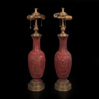 A pair of Chinese carved cinnabar lacquer vases 朱漆花樽一对 19th/20th century ???????