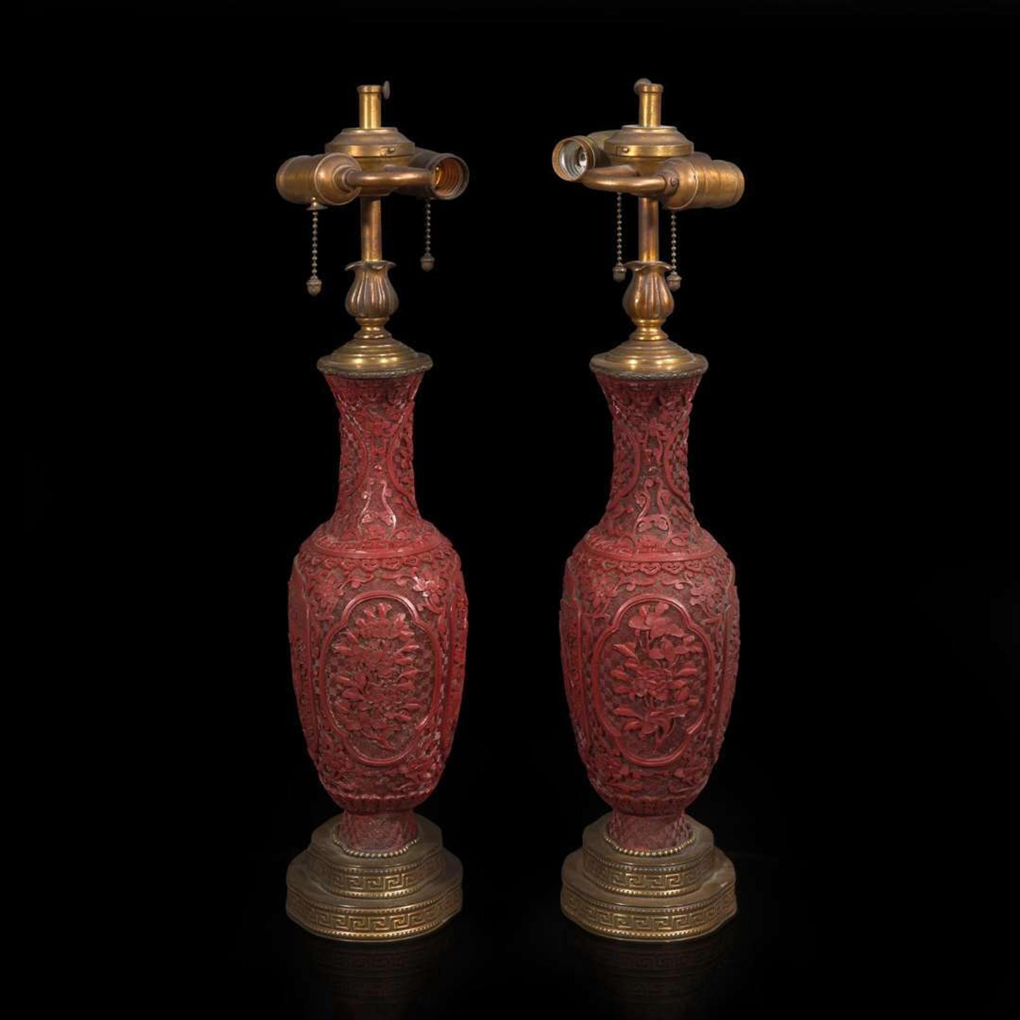 A pair of Chinese carved cinnabar lacquer vases 朱漆花樽一对 19th/20th century ???????