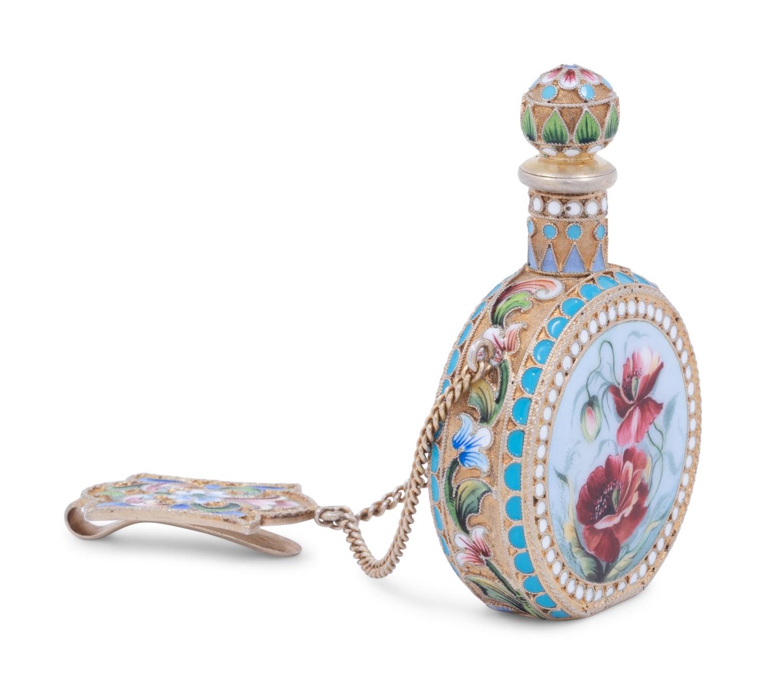 A Russian Enameled Silver-Gilt Scent Flask and Clip