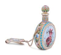 A Russian Enameled Silver-Gilt Scent Flask and Clip