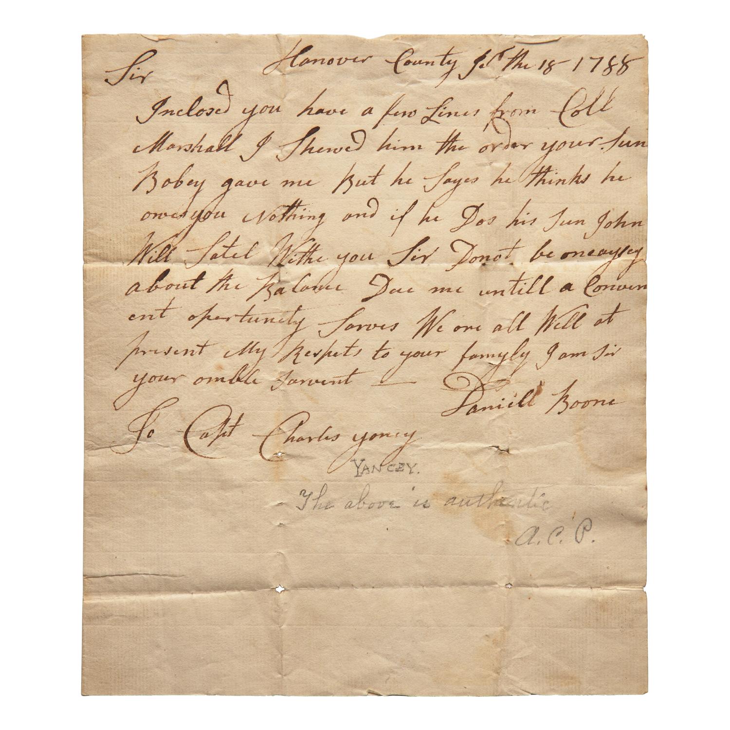 [Americana] Boone, Daniel. Autograph Letter, signed