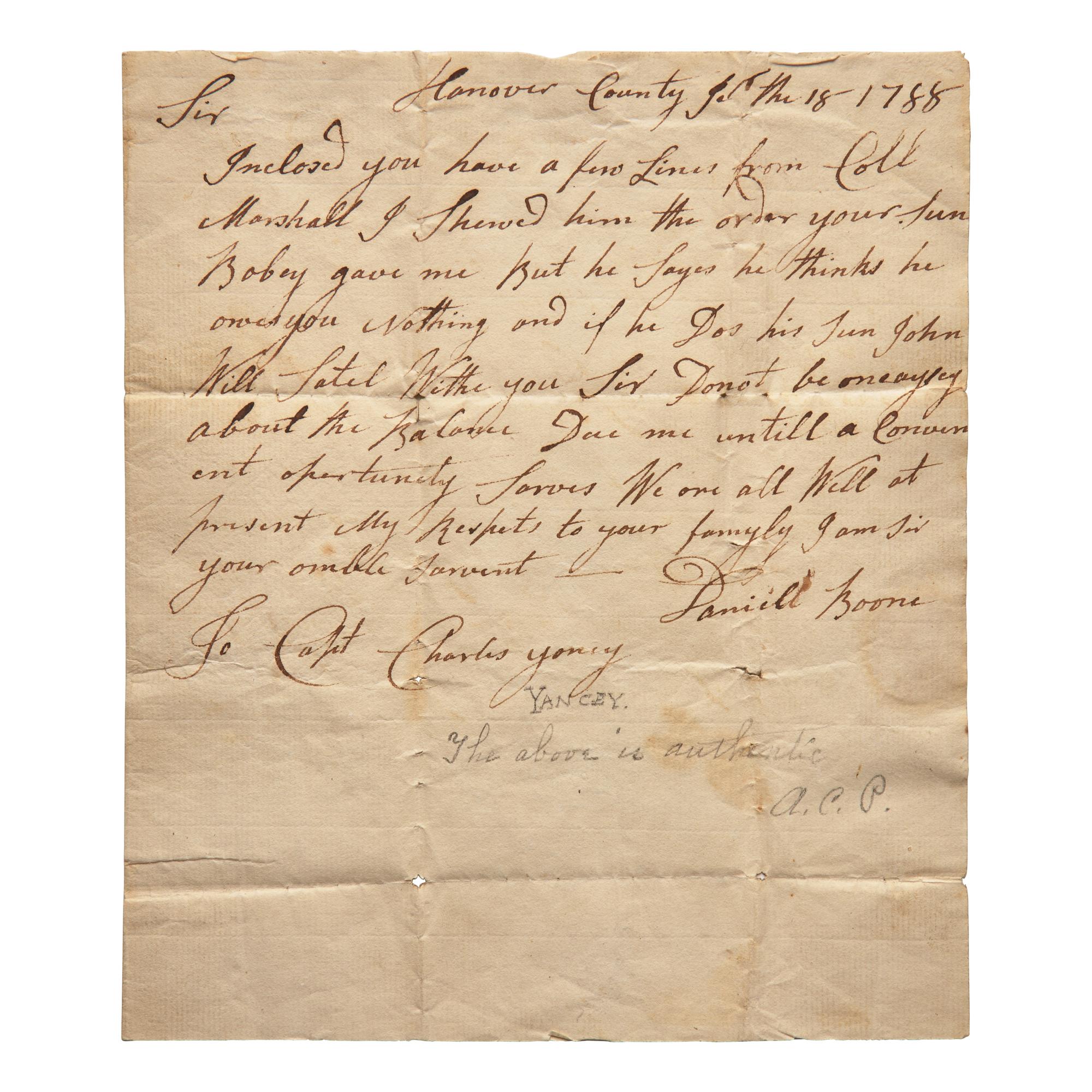 [Americana] Boone, Daniel. Autograph Letter, signed