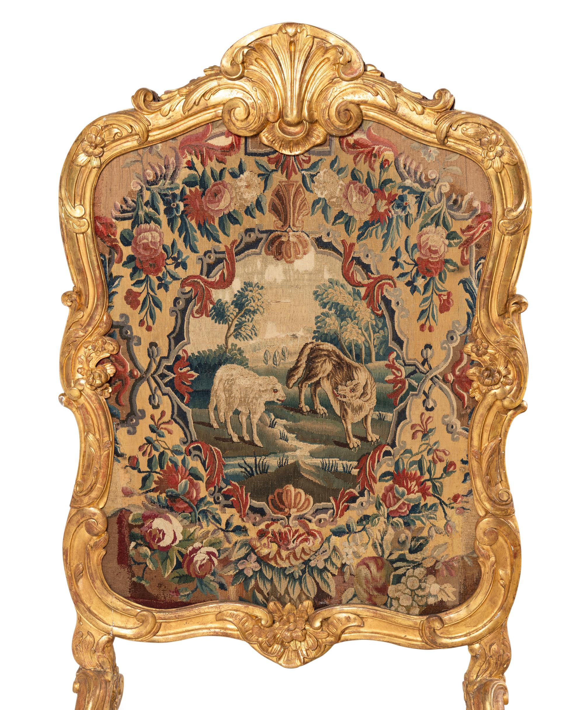 A Louis XV Style Damask and Needlepoint-Upholstered Giltwood Firescreen