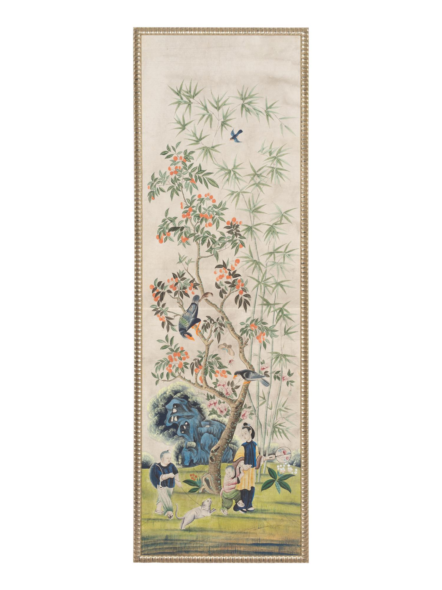 A Set of Four Large Chinese Export Hand-Painted Wallpaper Panels