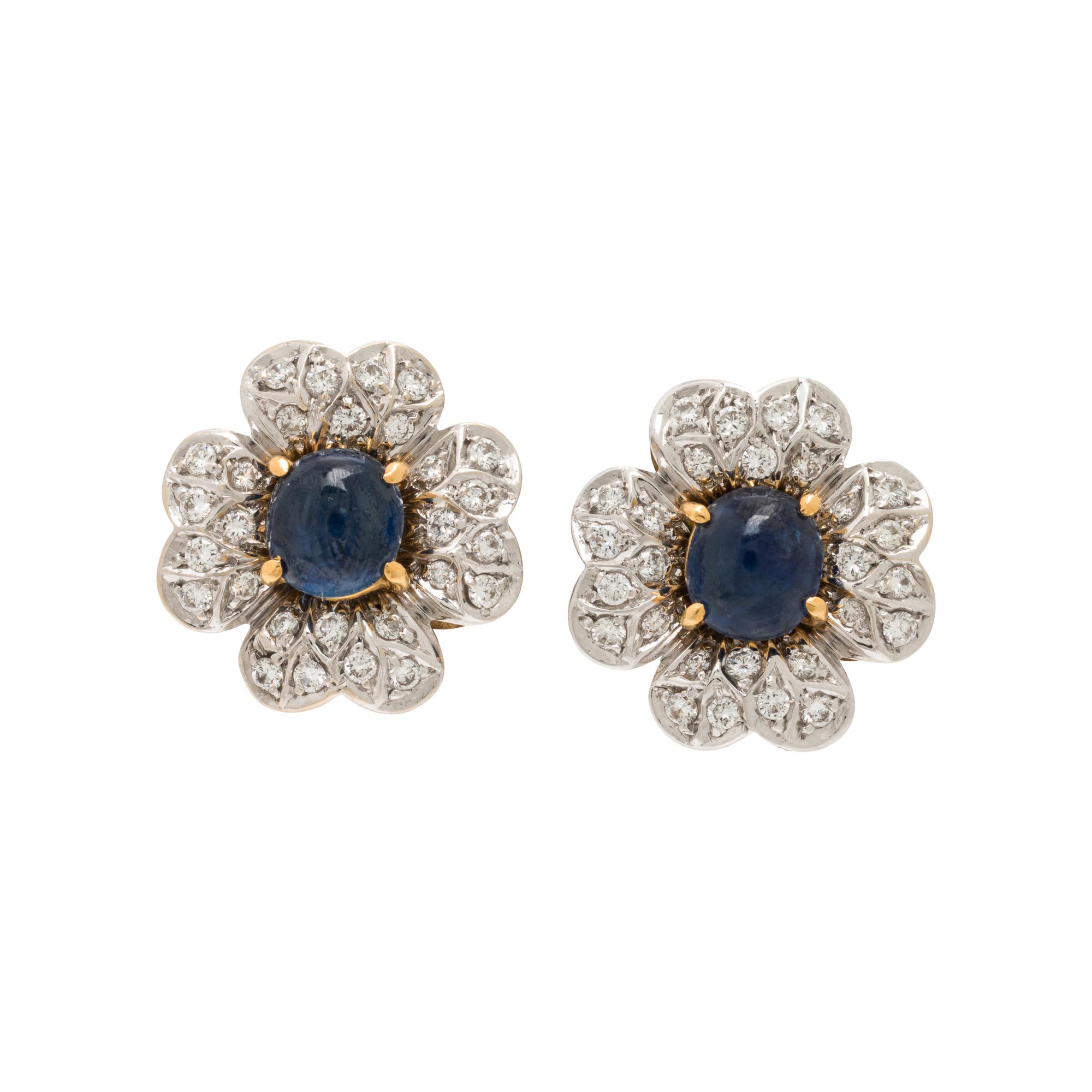 Diamond, Sapphire, and White Gold Flower Earrings