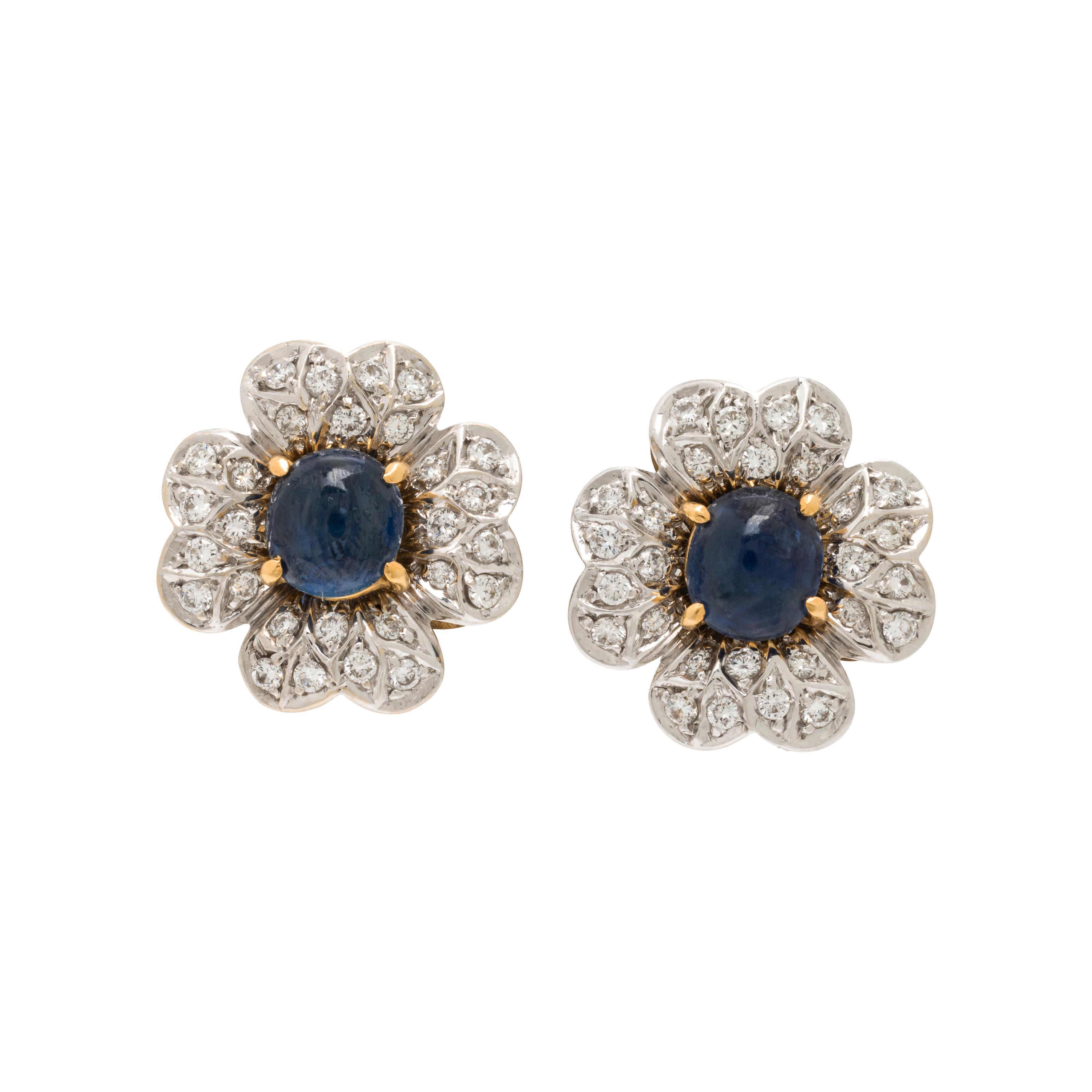 Diamond, Sapphire, and White Gold Flower Earrings