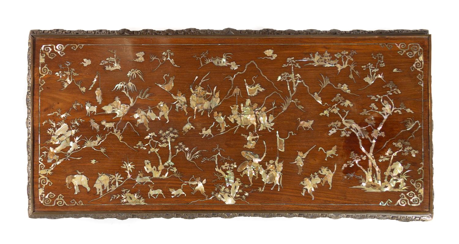 A Chinese Export Mother-of-Pearl Inlaid Huanghuali and Metal Table