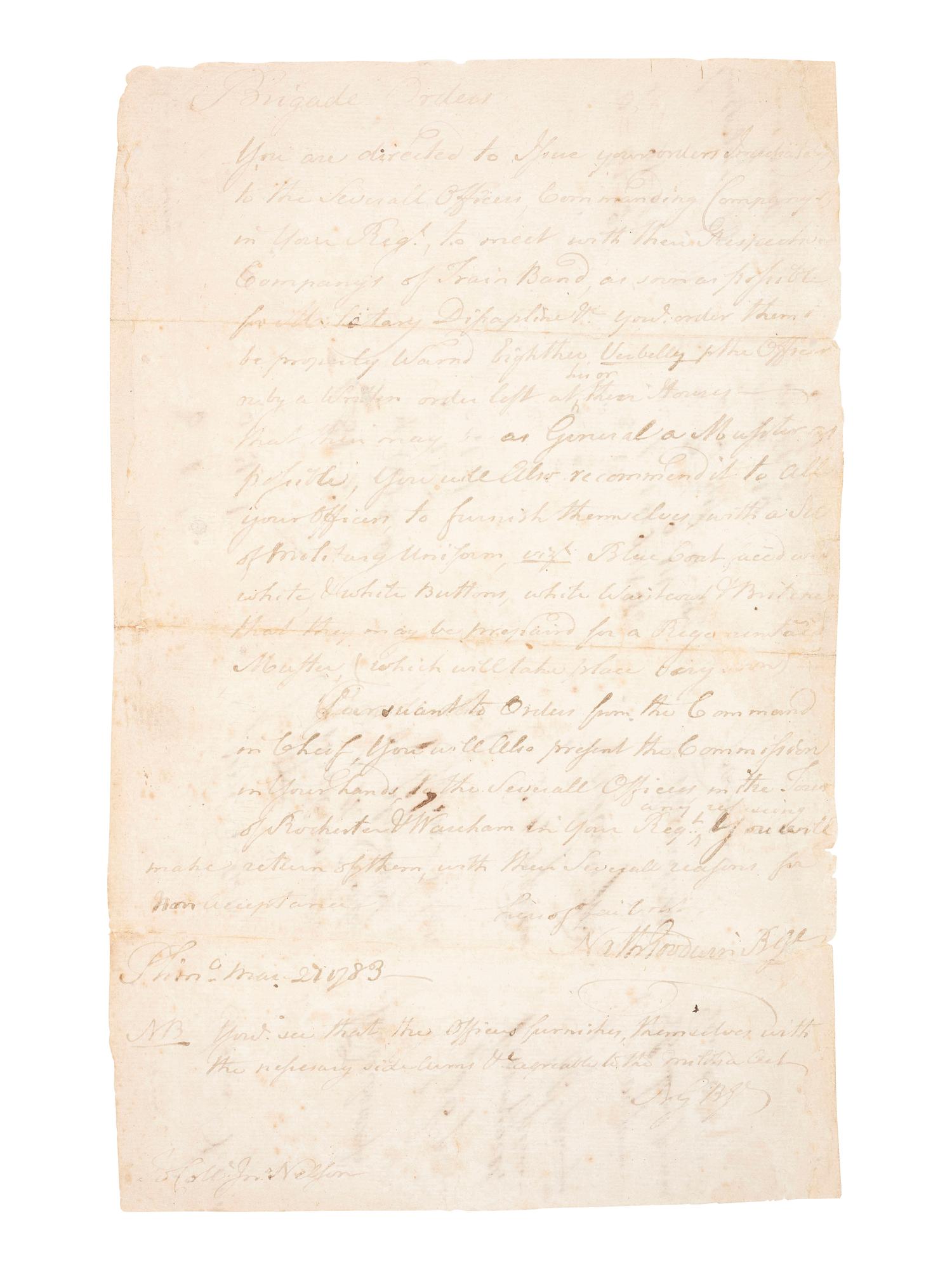 [REVOLUTIONARY WAR]. GOODWIN, General Nathaniel (1748-1819). Autograph brigade orders signed ("Nathl Goodwin B Gl"), as Brigadier General of Massachusetts Militia, 21 March 1783.