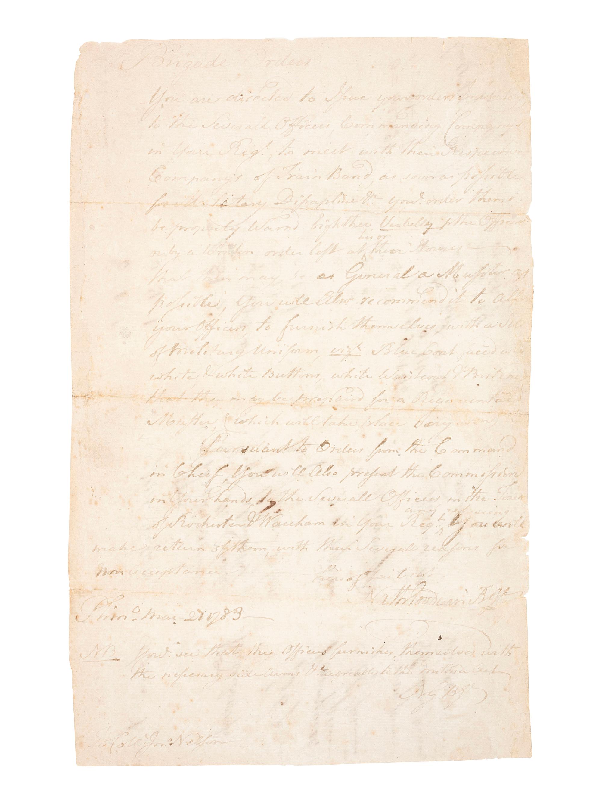 [REVOLUTIONARY WAR]. GOODWIN, General Nathaniel (1748-1819). Autograph brigade orders signed ("Nathl Goodwin B Gl"), as Brigadier General of Massachusetts Militia, 21 March 1783.