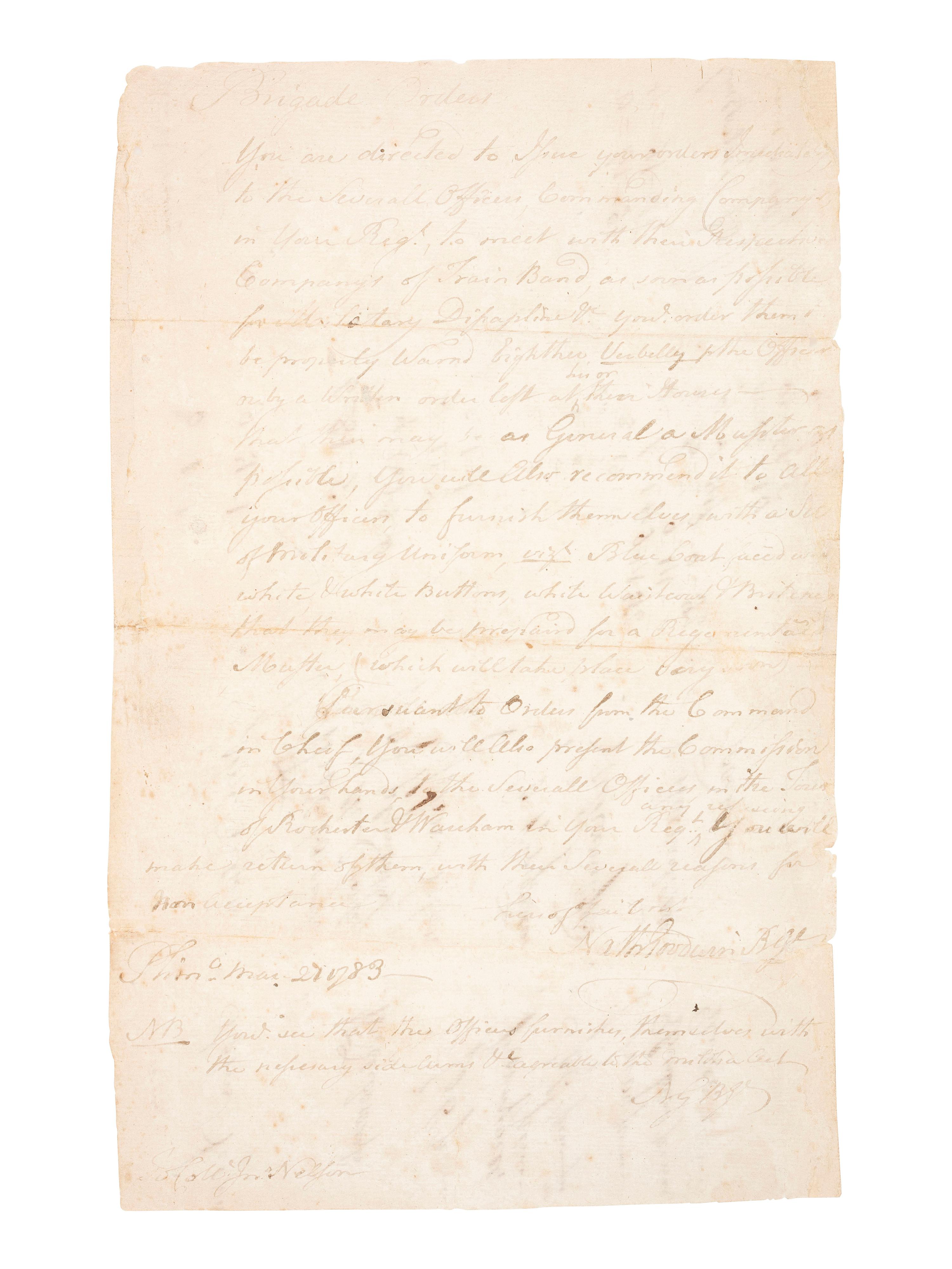 [REVOLUTIONARY WAR]. GOODWIN, General Nathaniel (1748-1819). Autograph brigade orders signed ("Nathl Goodwin B Gl"), as Brigadier General of Massachusetts Militia, 21 March 1783.