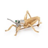 BICOLOR GOLD, DIAMOND, AND CHRYSOPRASE GRASSHOPPER BROOCH