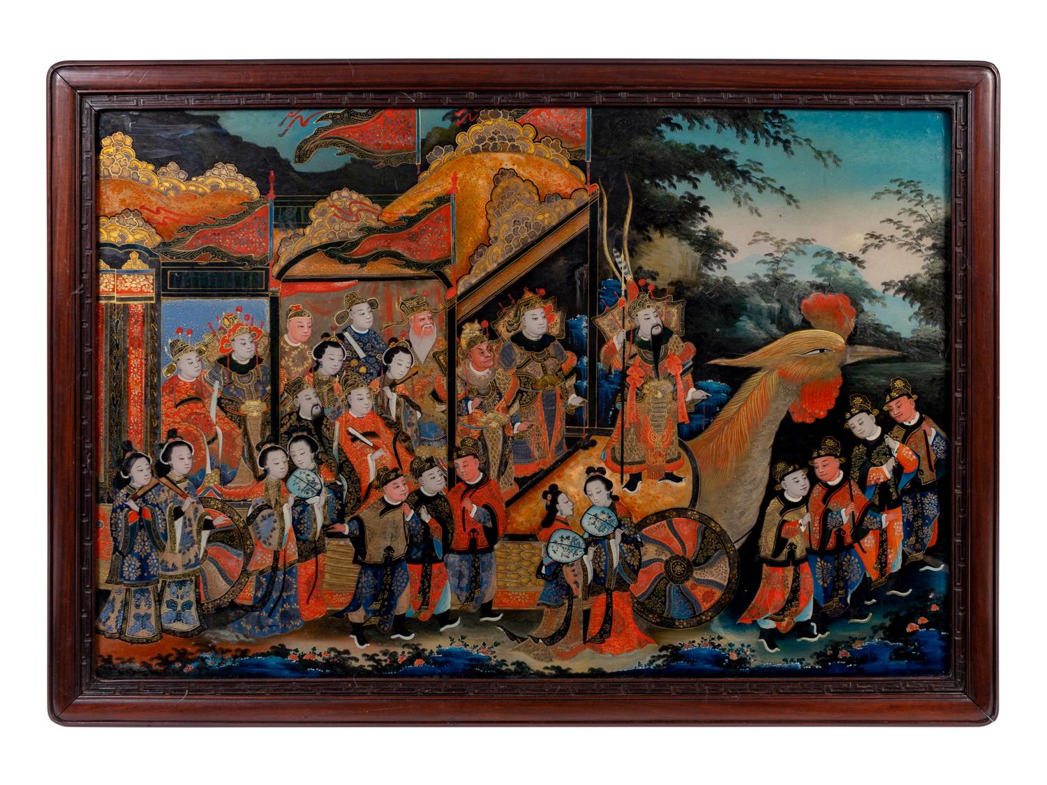 A Chinese Reverse Painted Mirror Panel in Rosewood Frame — 19TH CENTURY
