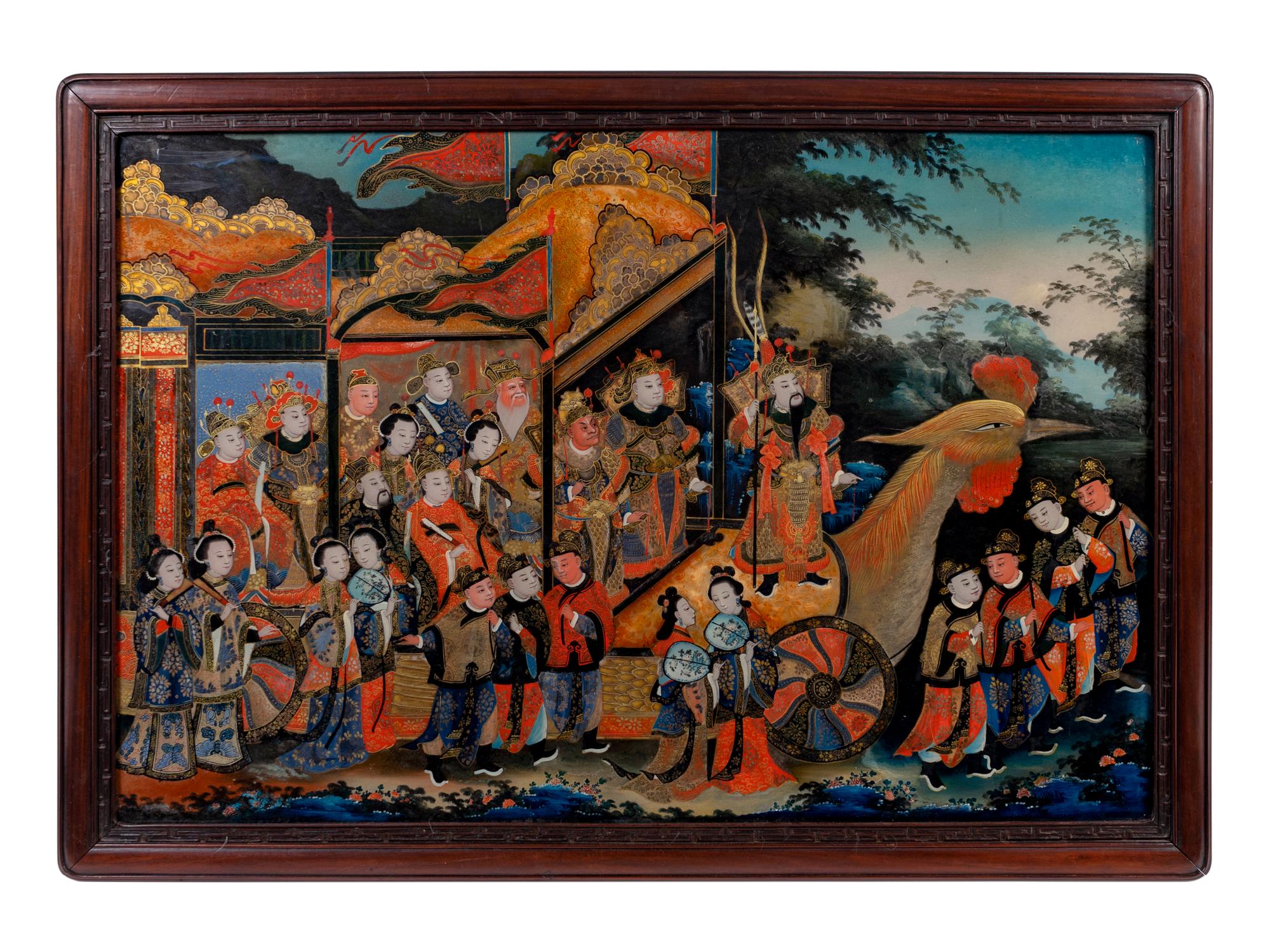 A Chinese Reverse Painted Mirror Panel in Rosewood Frame — 19TH CENTURY