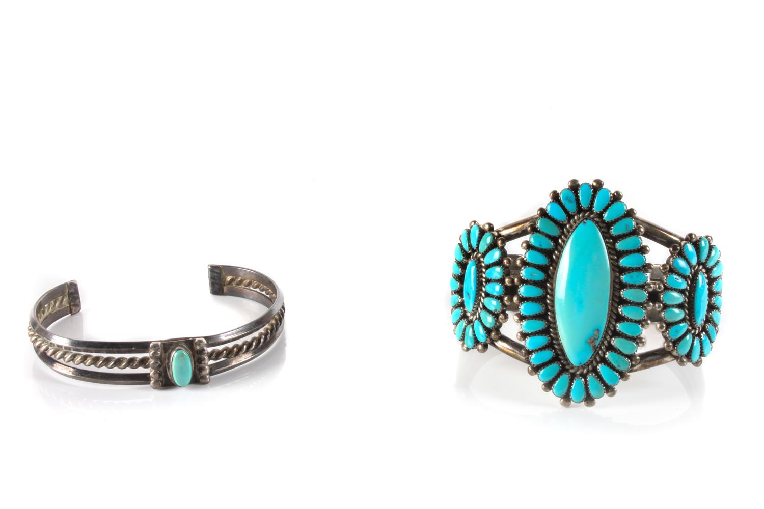 Alice Quam (Zuni, 20th Century-2003) Silver and Turquoise Cluster Bracelet Length of first 5 1/4 x opening 1 1/4 x width 2 1/8 inches