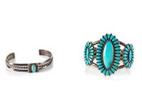 Alice Quam (Zuni, 20th Century-2003) Silver and Turquoise Cluster Bracelet Length of first 5 1/4 x opening 1 1/4 x width 2 1/8 inches