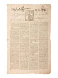 [VERMONT STATEHOOD]. Independent Chronicle and the Universal Advertiser. Vol. XVI, No. 831. Boston, MA: Adams and Nourse, 26 August 1784.