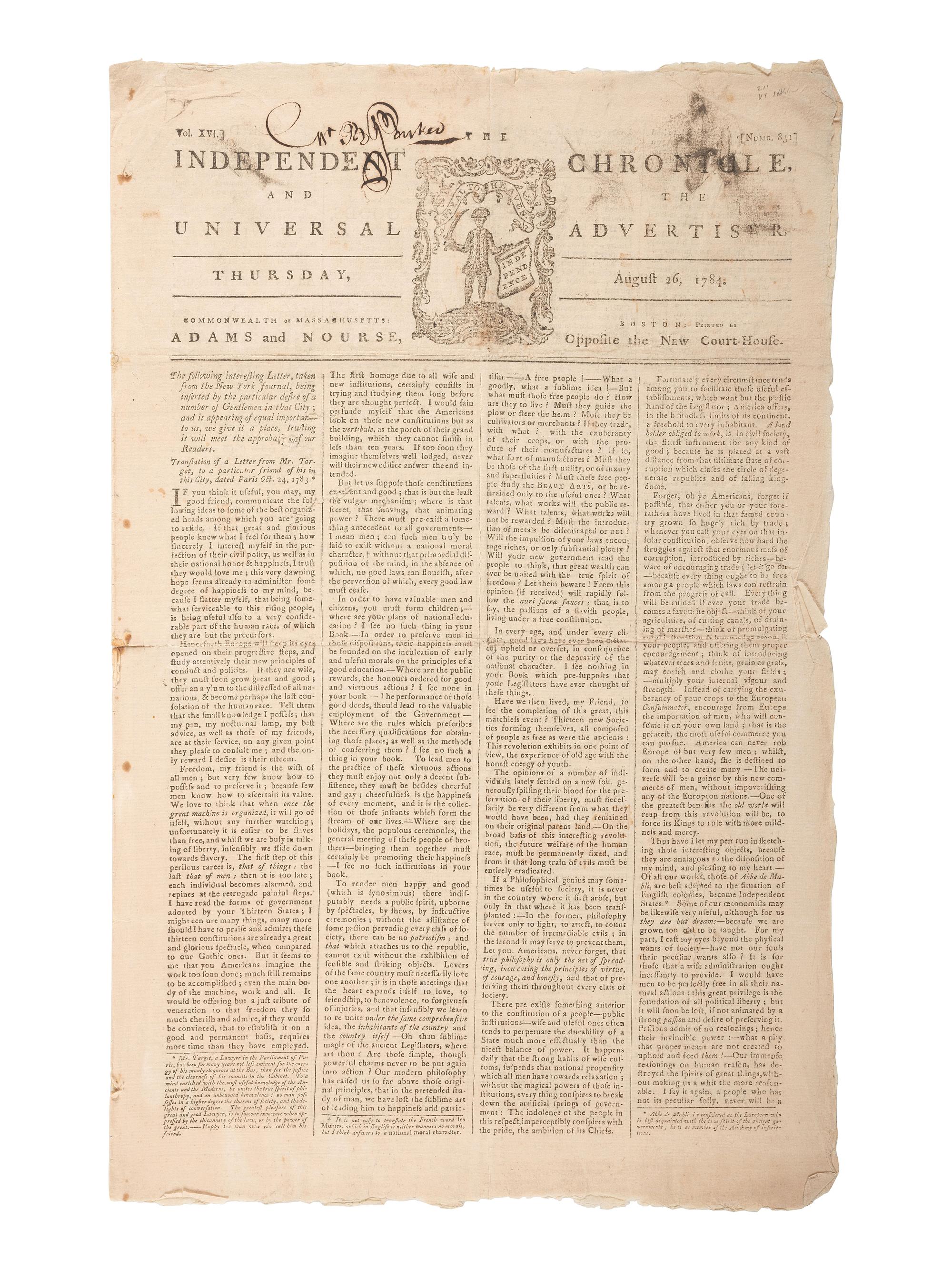 [VERMONT STATEHOOD]. Independent Chronicle and the Universal Advertiser. Vol. XVI, No. 831. Boston, MA: Adams and Nourse, 26 August 1784.