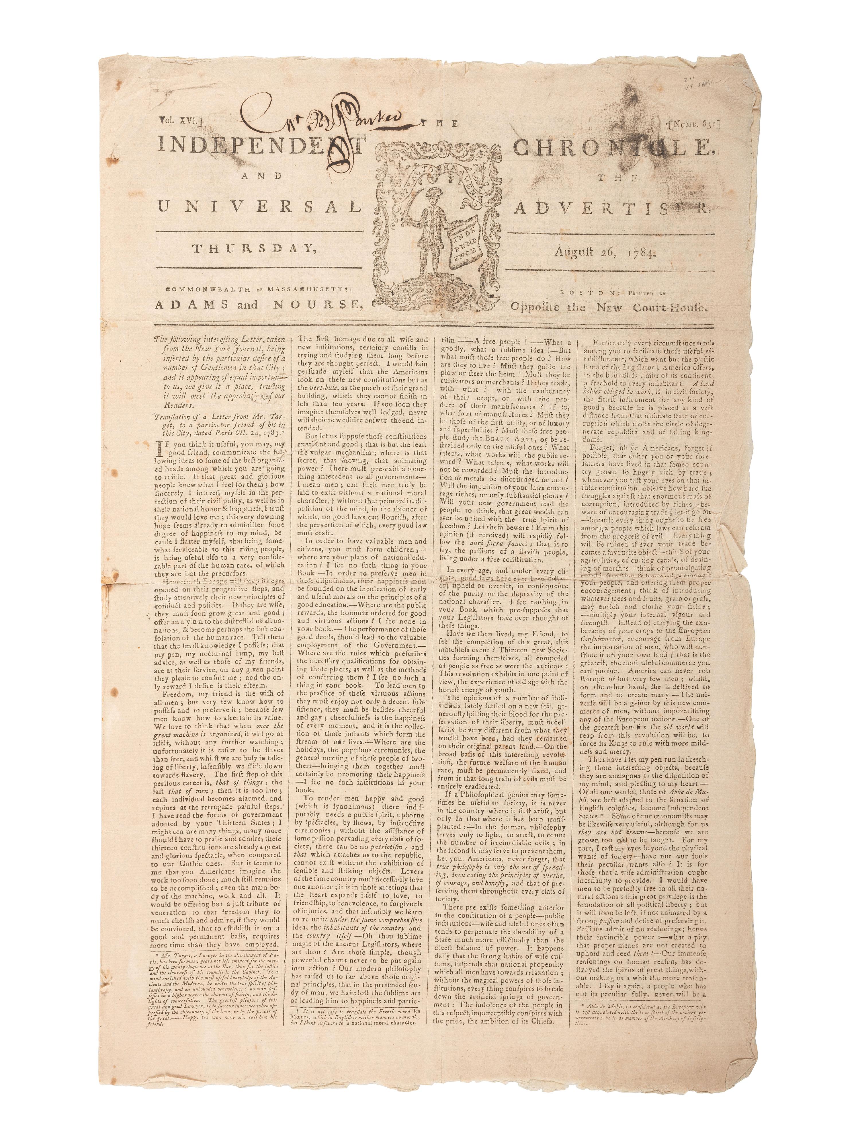 [VERMONT STATEHOOD]. Independent Chronicle and the Universal Advertiser. Vol. XVI, No. 831. Boston, MA: Adams and Nourse, 26 August 1784.