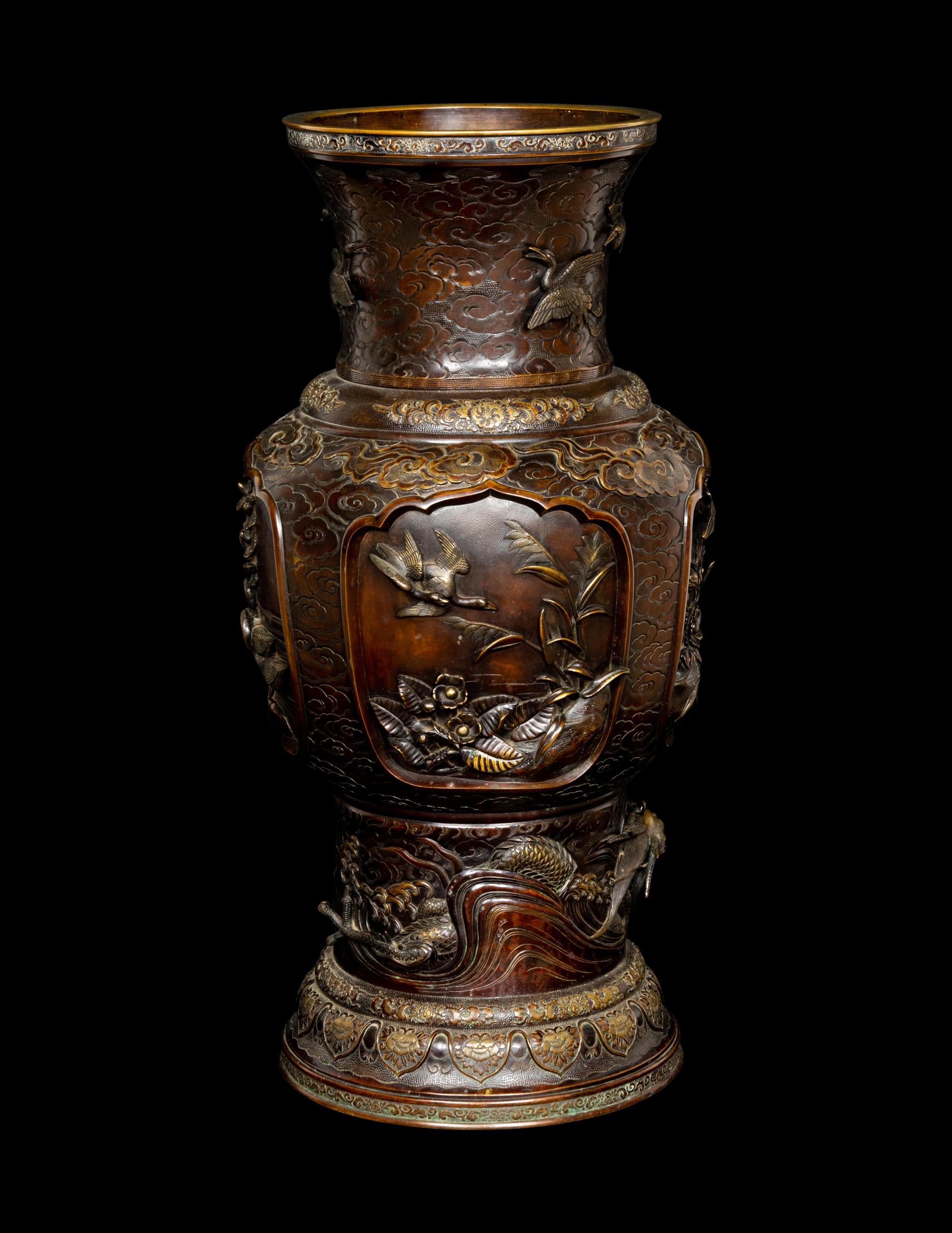 A Japanese Bronze and Mixed-Metal Floor Vase