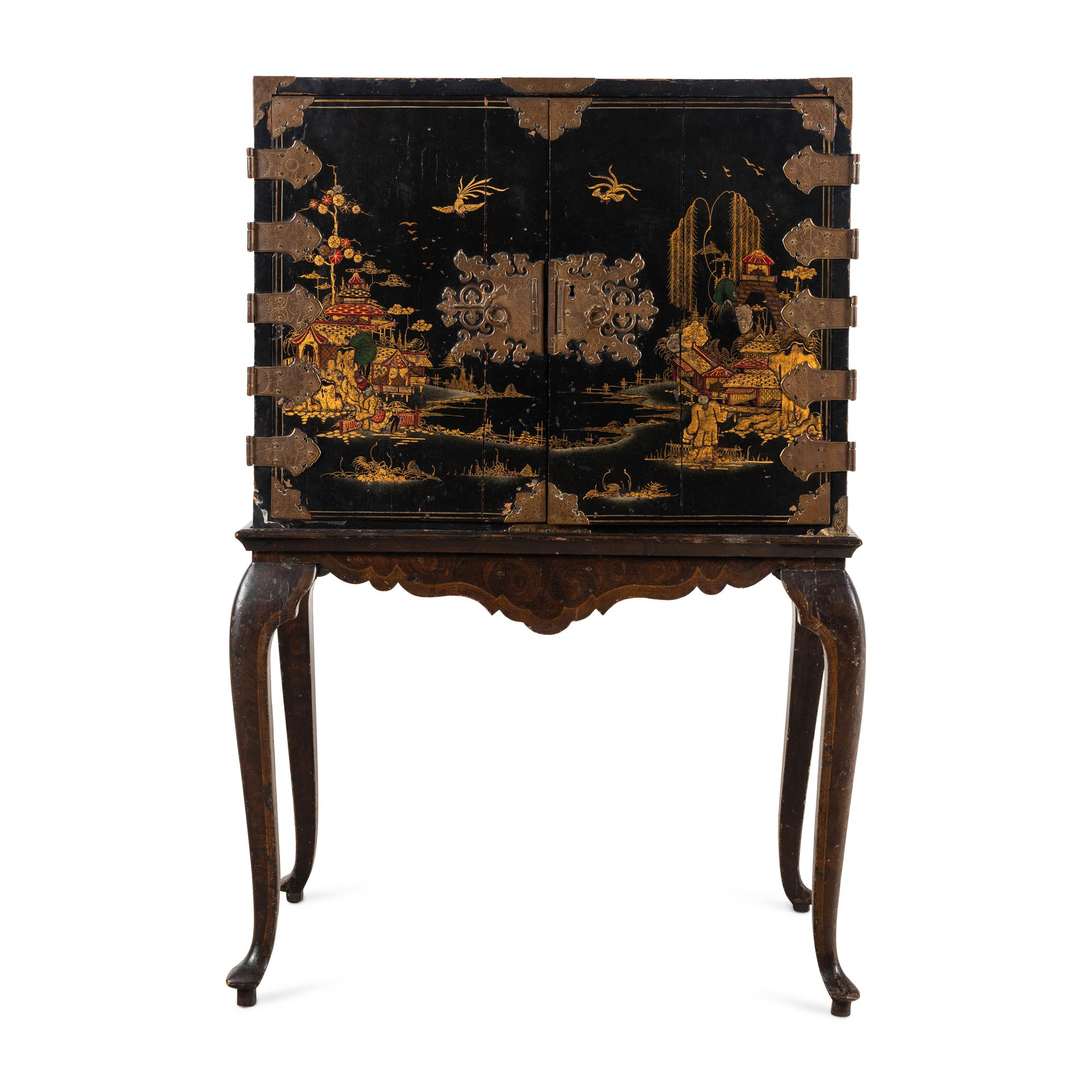 A Chinese Export Black-Japanned Collector's Cabinet on Stand