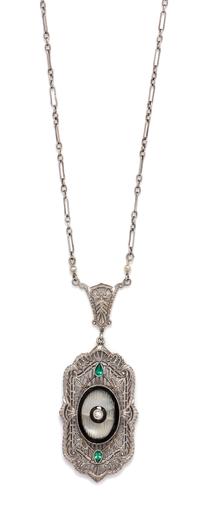 An Edwardian White Gold, Rock Crystal, Onyx, Simulated Emerald, and Diamond Lavalier Necklace, 4.10 dwts.