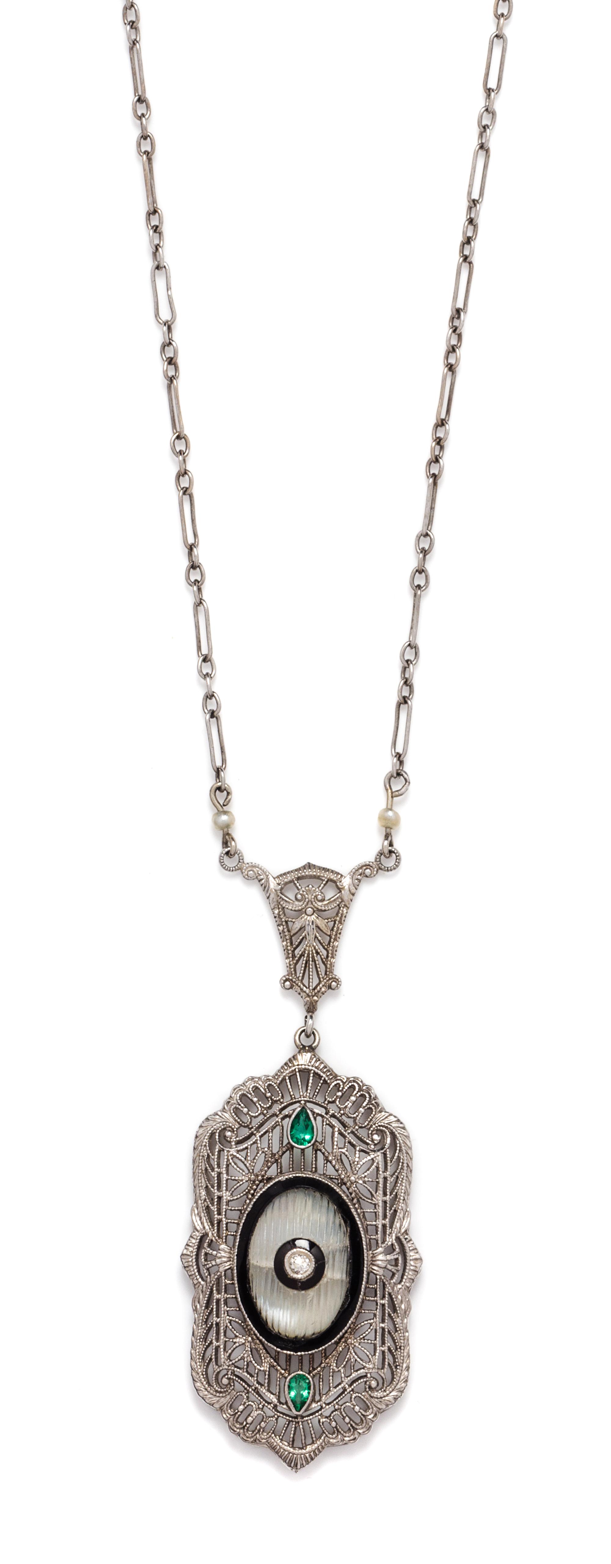 An Edwardian White Gold, Rock Crystal, Onyx, Simulated Emerald, and Diamond Lavalier Necklace, 4.10 dwts.