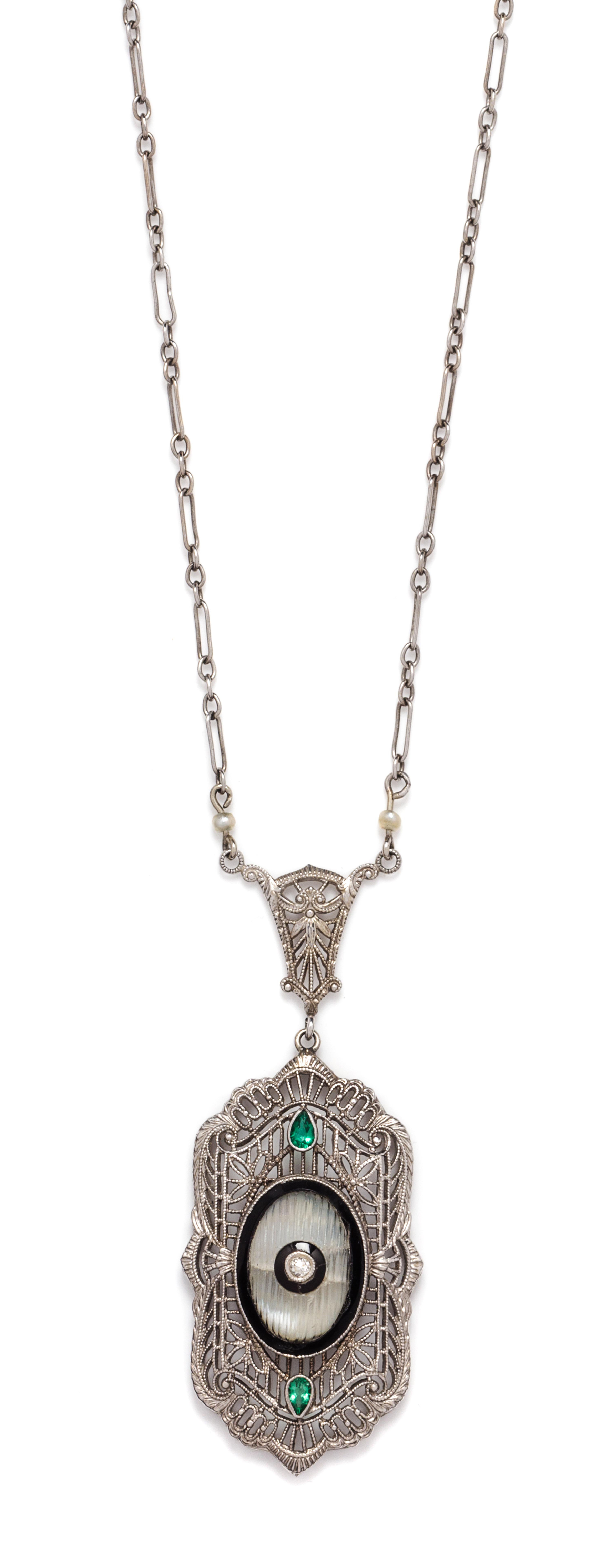 An Edwardian White Gold, Rock Crystal, Onyx, Simulated Emerald, and Diamond Lavalier Necklace, 4.10 dwts.