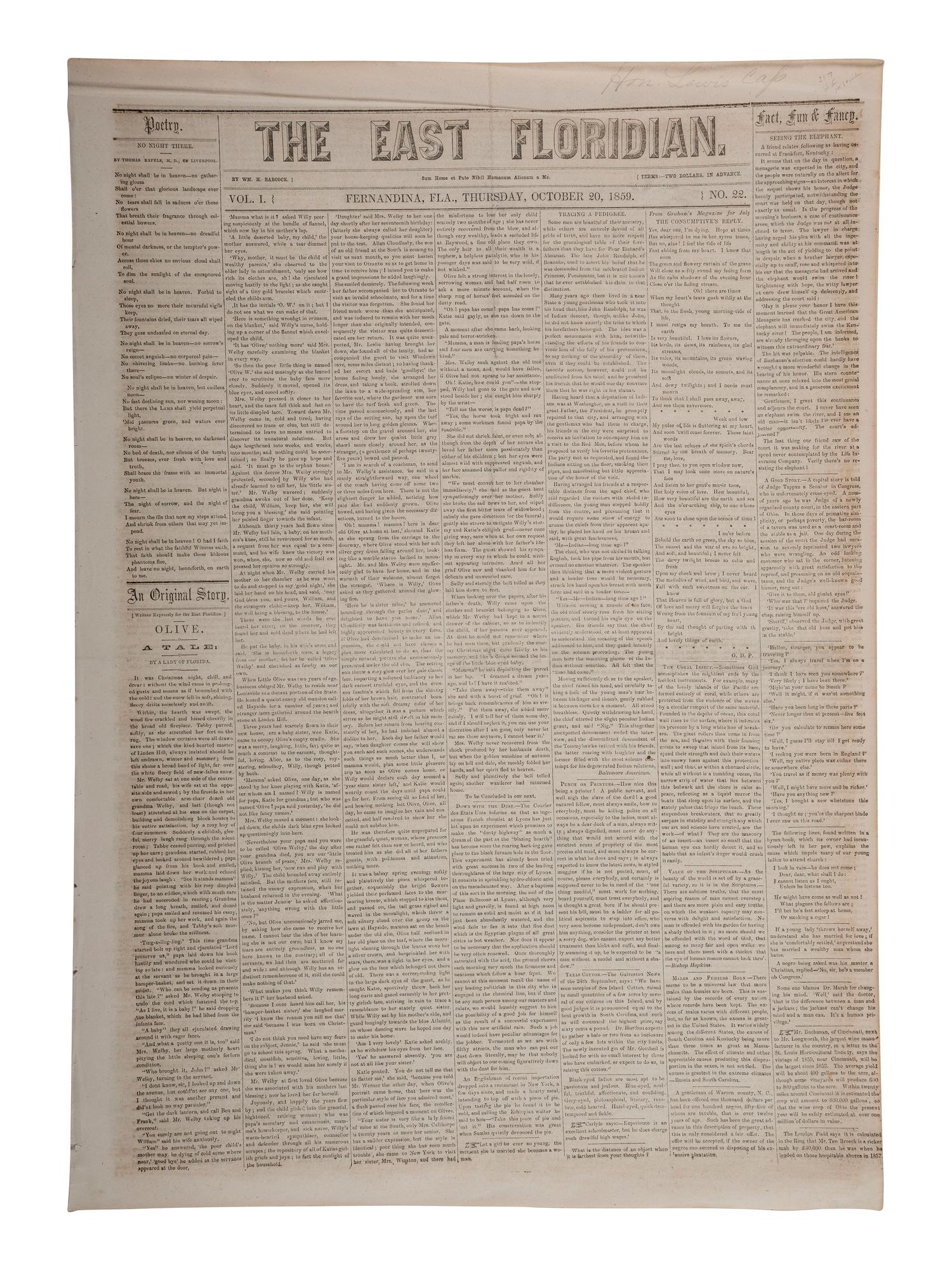 [ABOLITION]. John Brown's raid on Harpers Ferry reported in The East Floridian . Vol. I, No. 22. Fernandina, FL: Wm. H. Babcock, 20 October 1859.