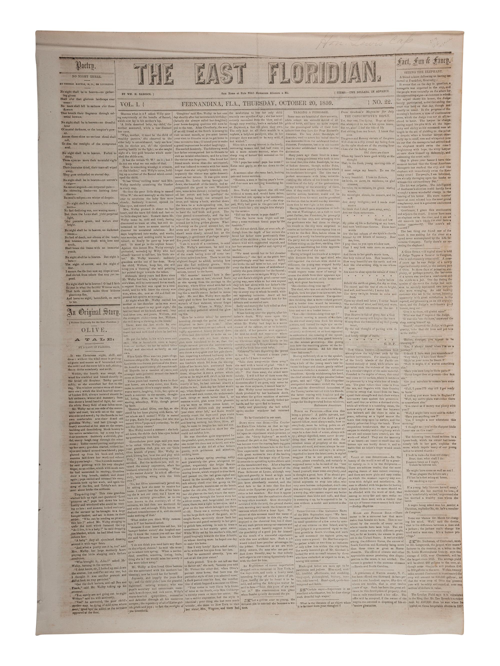 [ABOLITION]. John Brown's raid on Harpers Ferry reported in The East Floridian . Vol. I, No. 22. Fernandina, FL: Wm. H. Babcock, 20 October 1859.