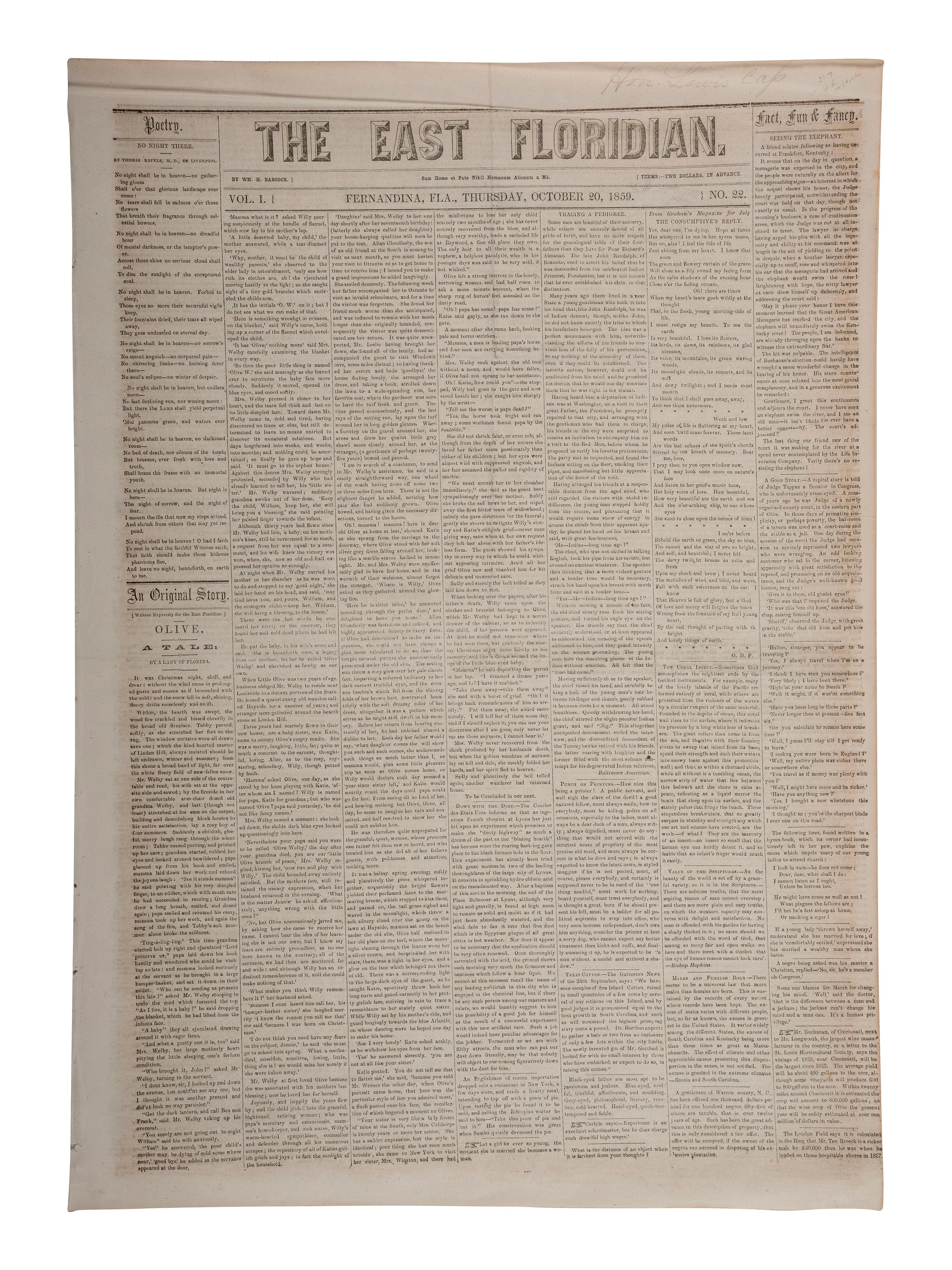 [ABOLITION]. John Brown's raid on Harpers Ferry reported in The East Floridian . Vol. I, No. 22. Fernandina, FL: Wm. H. Babcock, 20 October 1859.