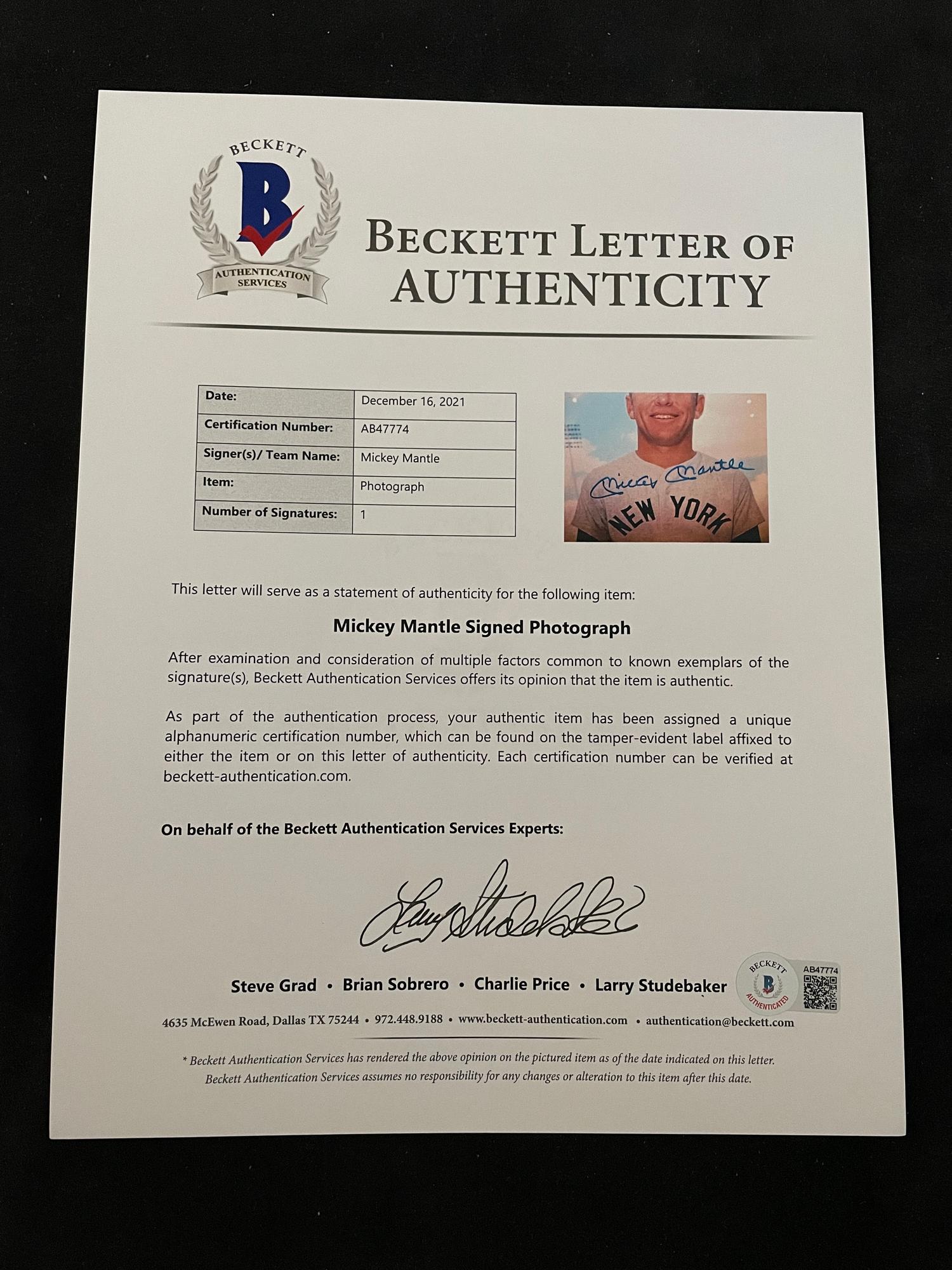 A Mickey Mantle Signed Autograph Photograph (Beckett Authentication Services Letter BAS Certified),