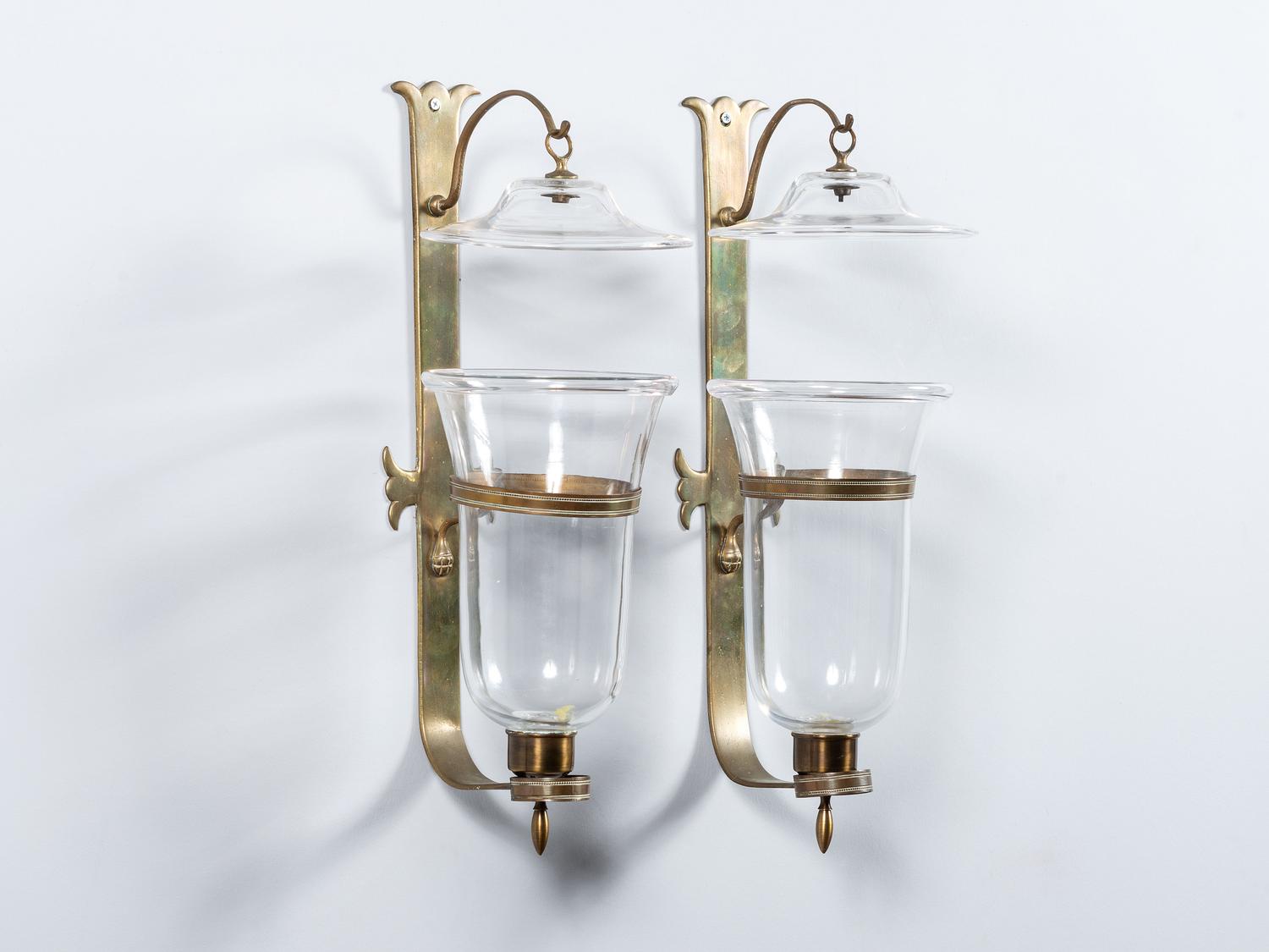 A Pair of Brass and Glass Hurricane Wall Sconces