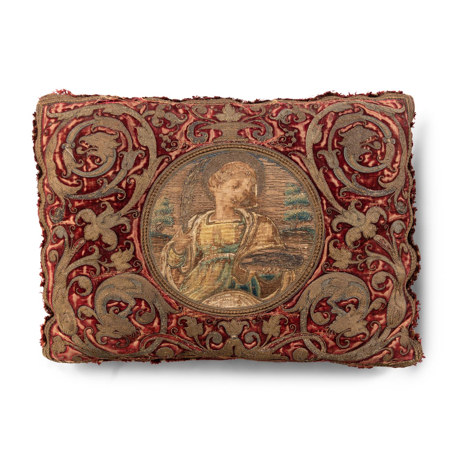 A Pair of Silk Velvet, Gold Filé and Silk Embroidered Panels, Now Mounted as Pillows