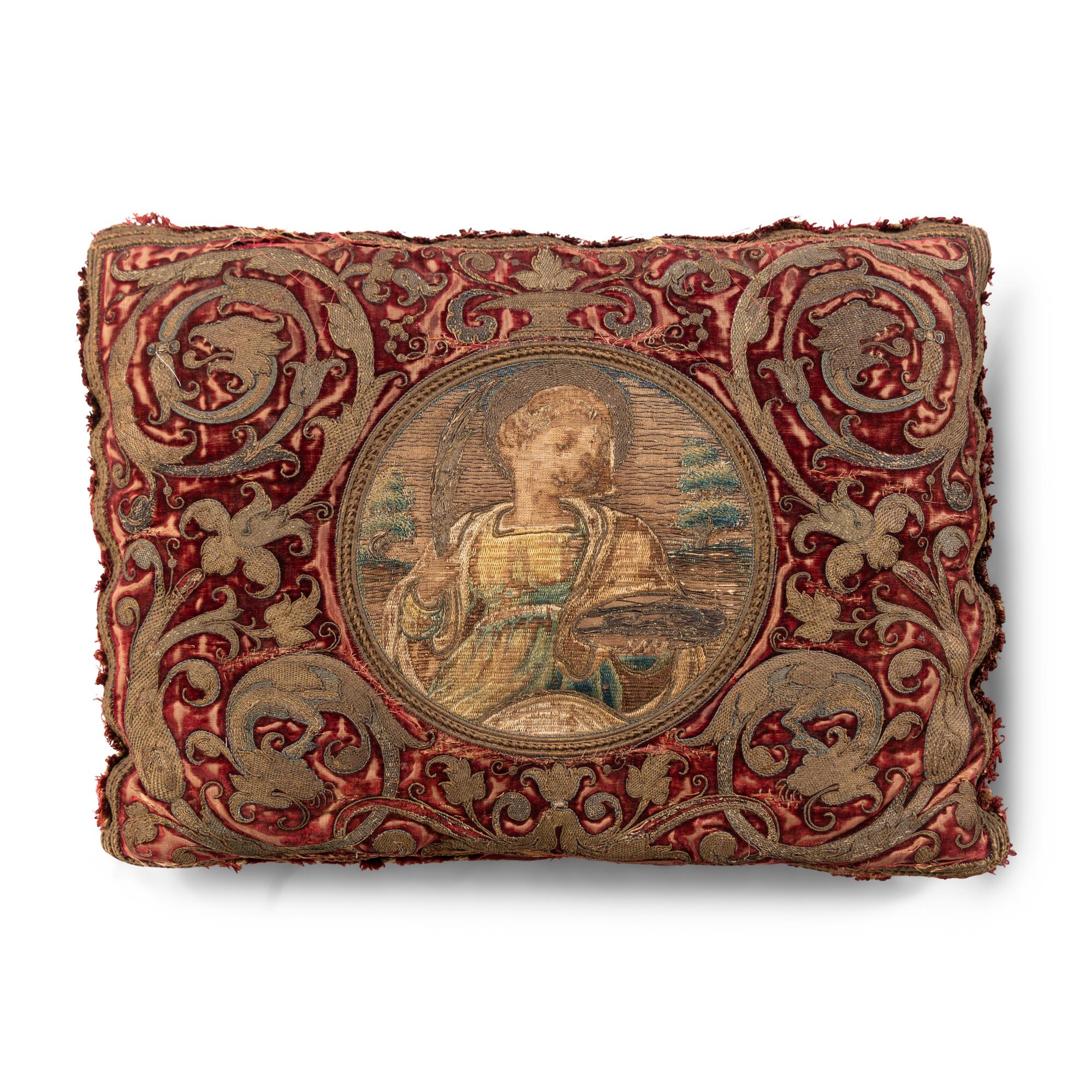 A Pair of Silk Velvet, Gold Filé and Silk Embroidered Panels, Now Mounted as Pillows