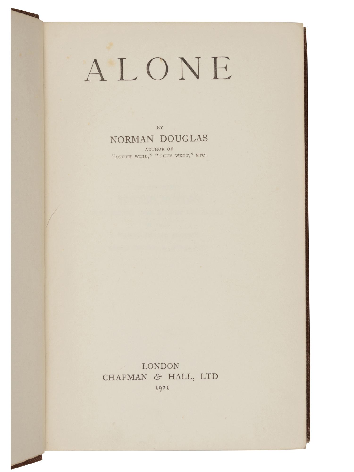 [WAUGH, Evelyn, his copy]. DOUGLAS, Norman (1868-1952). Alone . London: Chapman & Hall, Ltd., 1921.