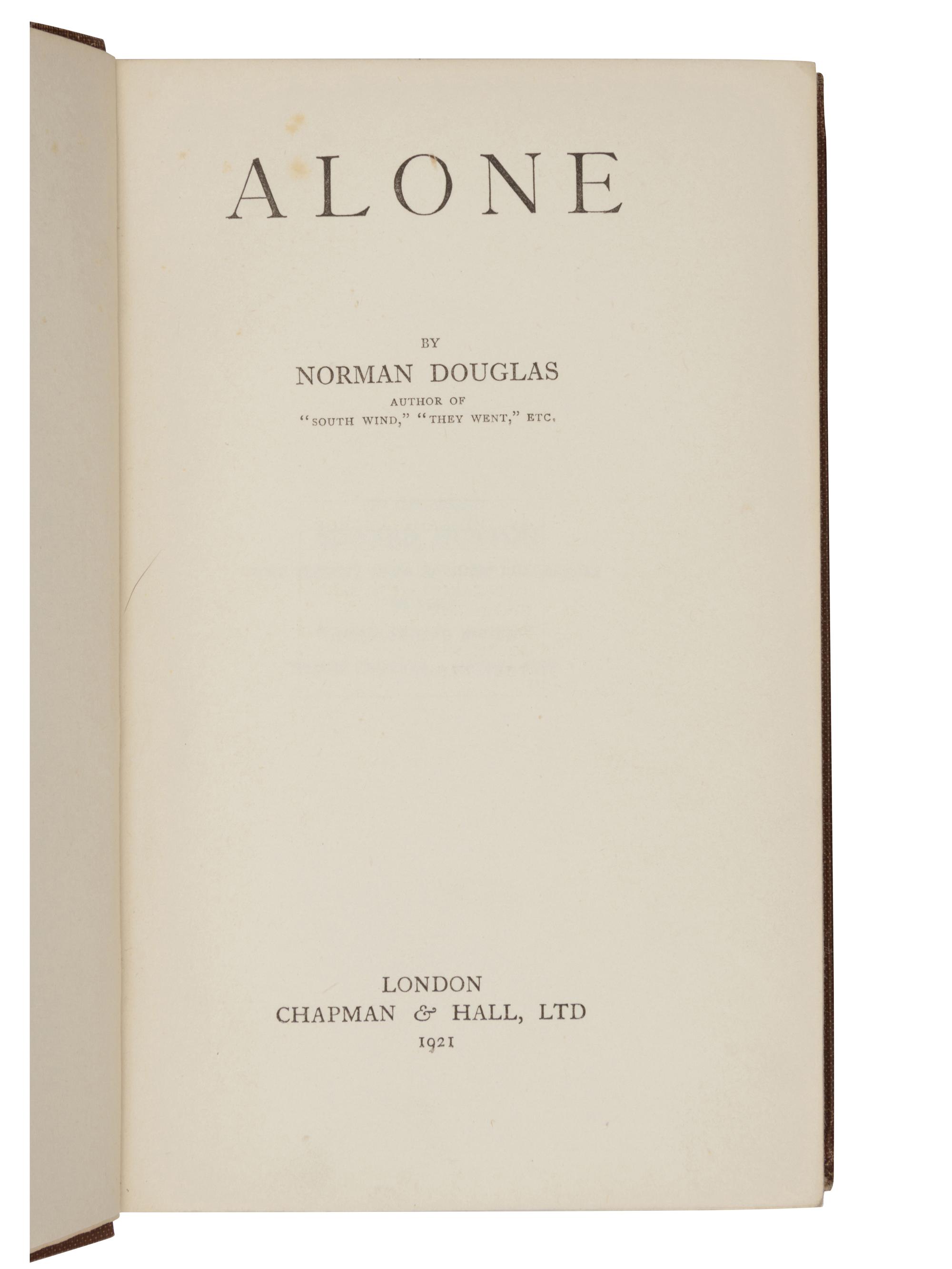 [WAUGH, Evelyn, his copy]. DOUGLAS, Norman (1868-1952). Alone . London: Chapman & Hall, Ltd., 1921.