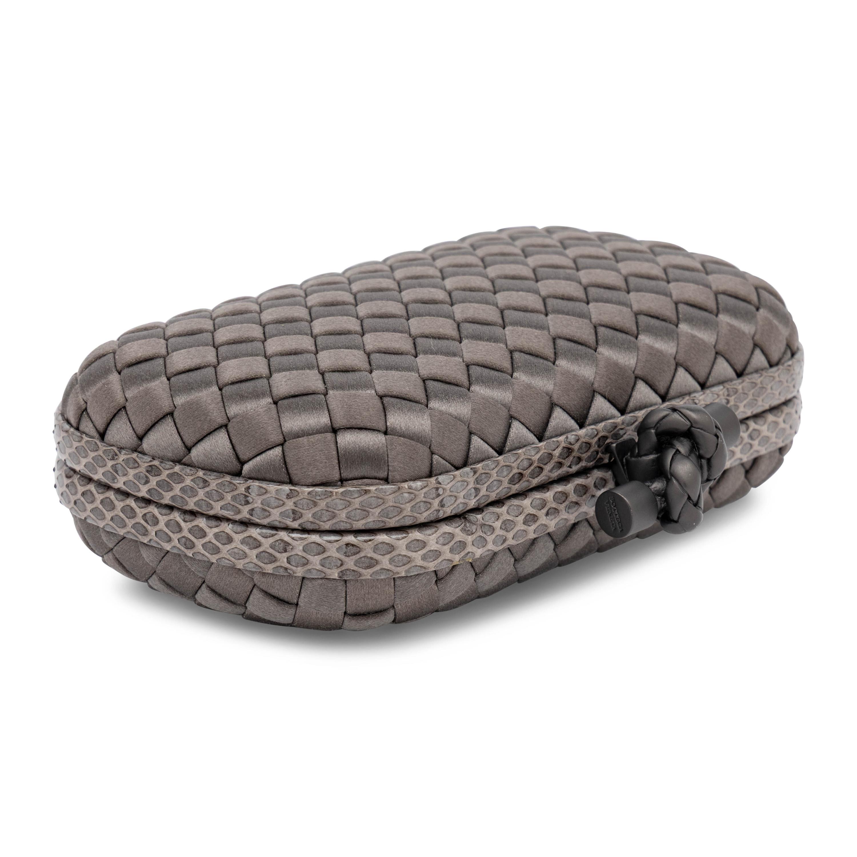 Bottega Veneta, Knot Clutch in Intrecciato Grey Satin & Snakeskin