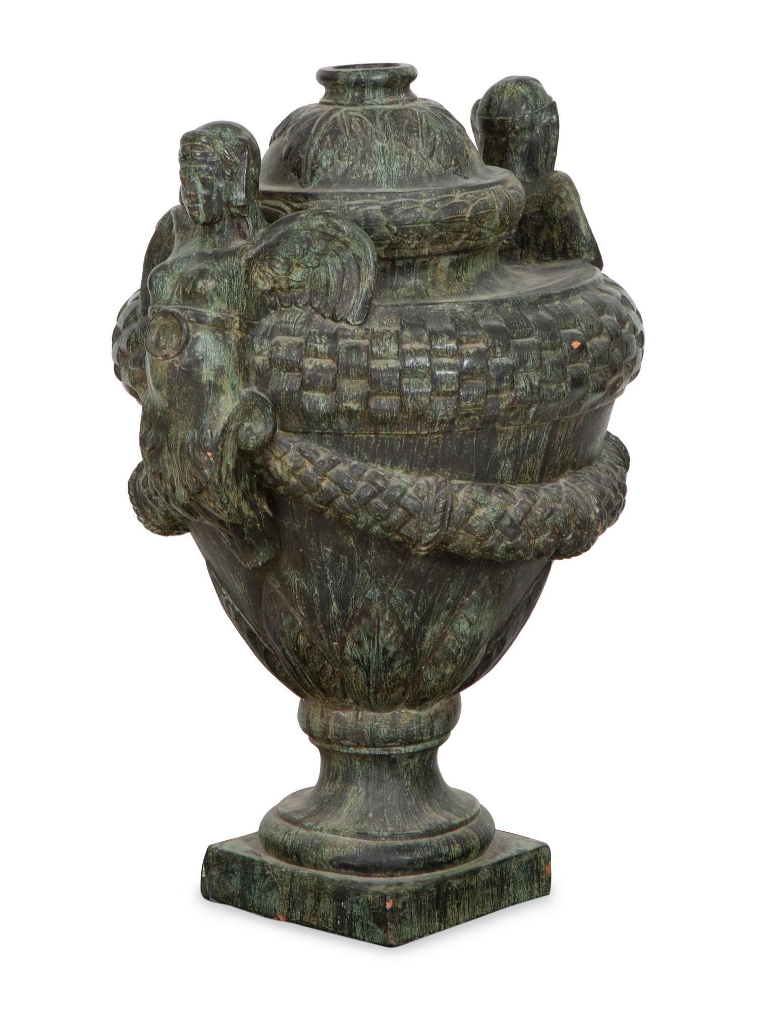 A Pair of Verdigris Patinated Terracotta Urns on Faux Marble Painted Pedestals
