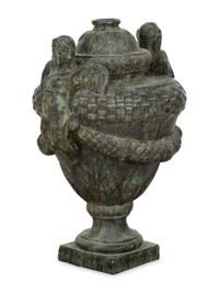A Pair of Verdigris Patinated Terracotta Urns on Faux Marble Painted Pedestals