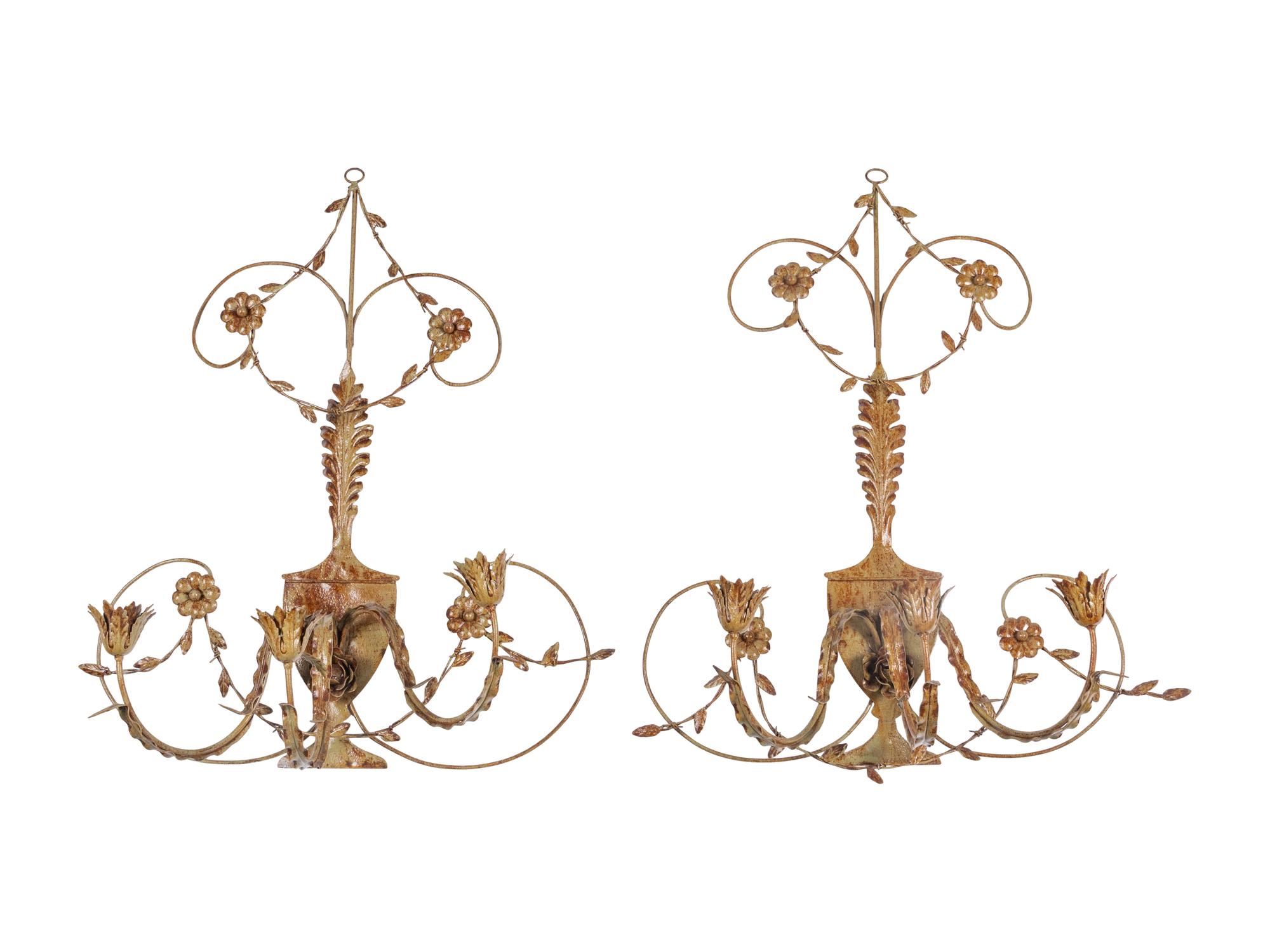 A Pair of Painted Tôle Three-Light Sconces