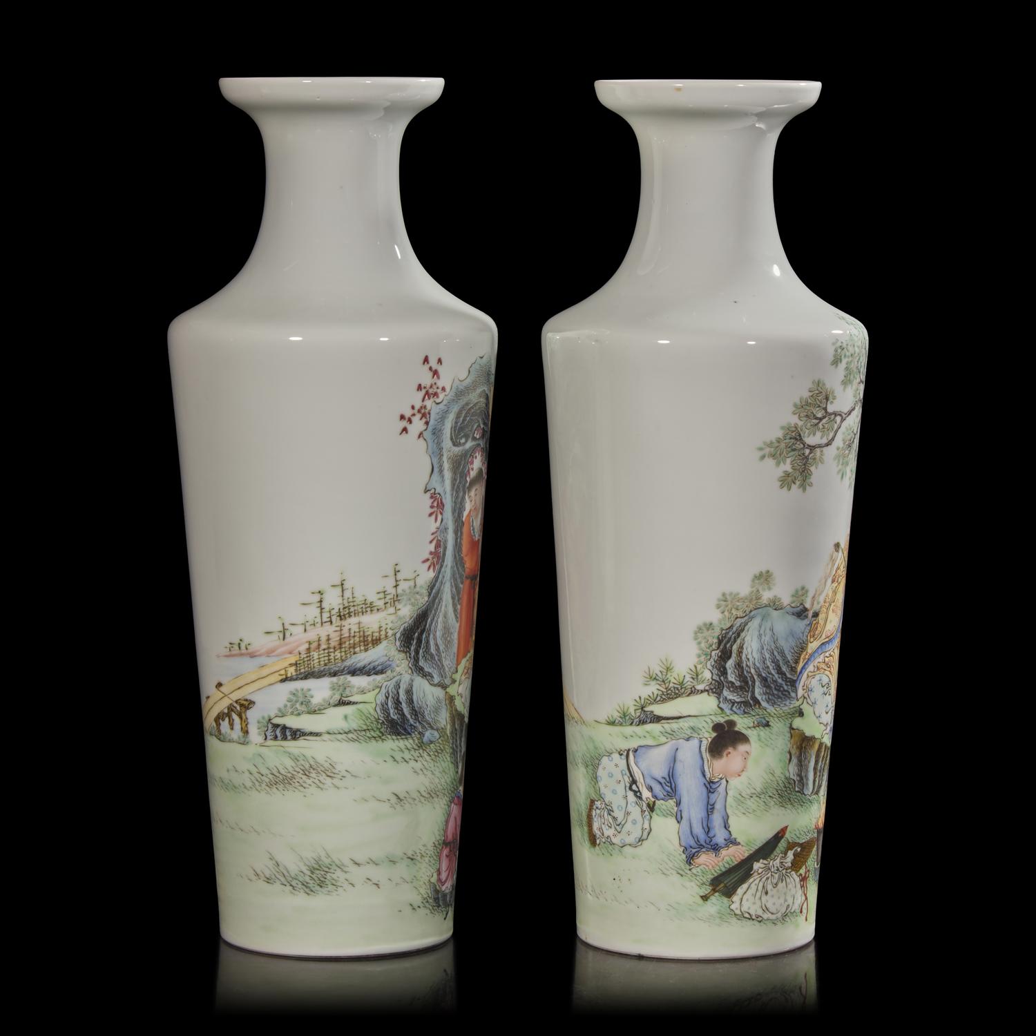 A Pair of Well-Painted Chinese Famille Rose Sleeve Vases, Possibly Republic Period 或為民國 粉彩高士圖賞瓶一對
