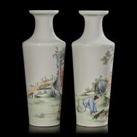 A Pair of Well-Painted Chinese Famille Rose Sleeve Vases, Possibly Republic Period 或為民國 粉彩高士圖賞瓶一對