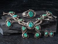 Navajo Silver and Turquoise Squash Blossom Necklace Suite