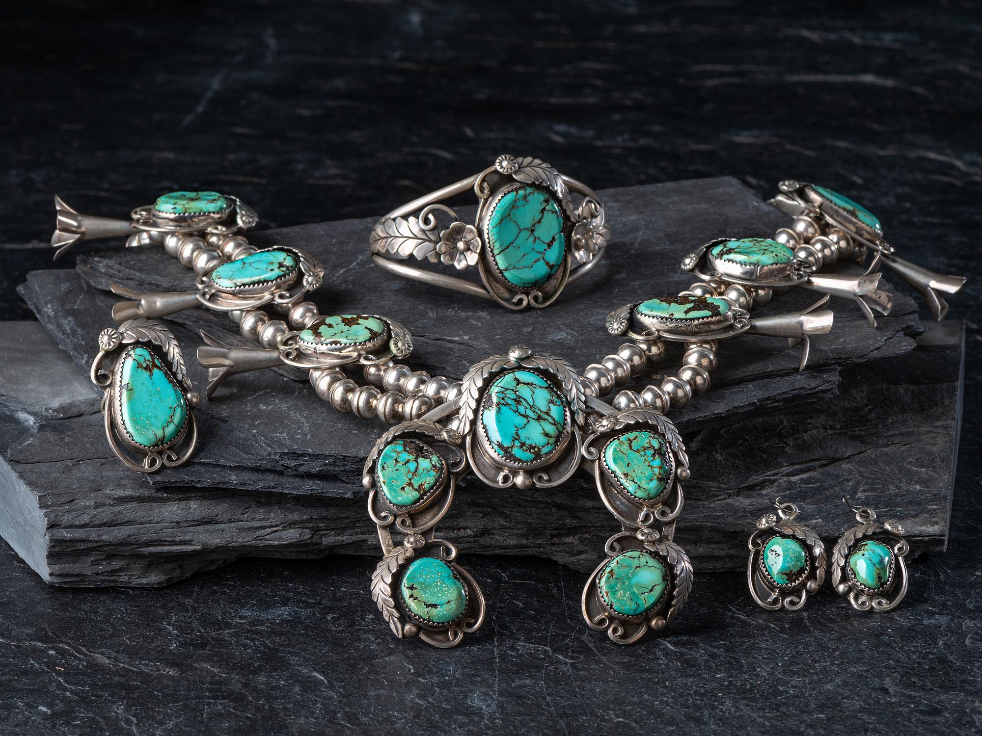 Navajo Silver and Turquoise Squash Blossom Necklace Suite