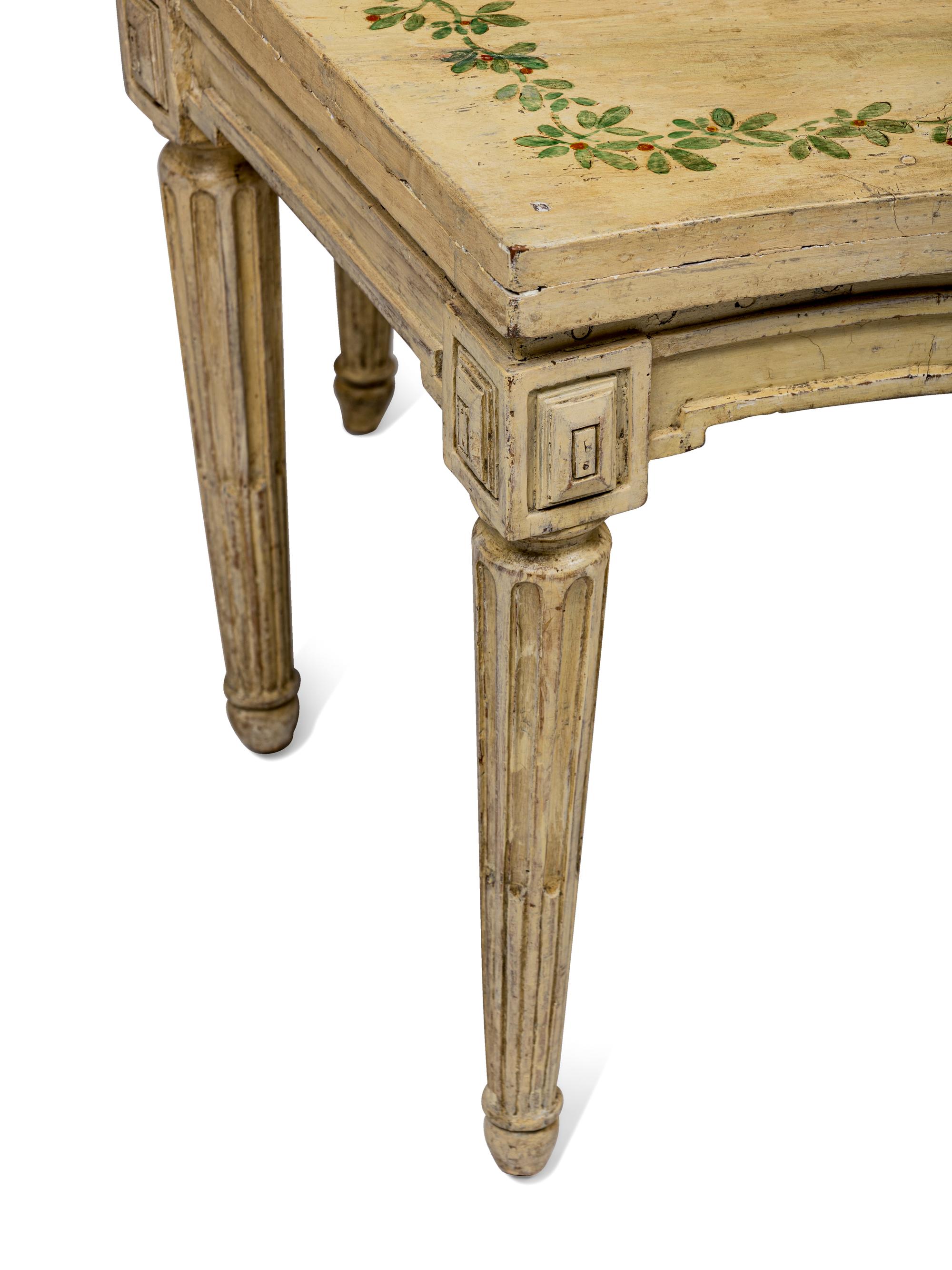 A Set of Four Louis XVI Cream and Polychrome Decorated Curved Window Benches